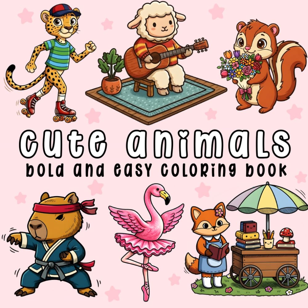 Cute Animals: Coloring Book for Adults and Kids, Bold and Easy, Simple and Big Designs for Relaxation Featuring Adorable Pets, Forest Animals and Many More