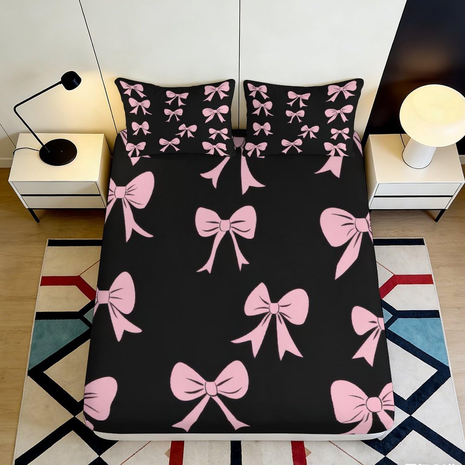 Kzqnxhjprl Style-4 3D Printed Pink Bow Fitted Sheet Microfiber Soft Black Ribbon Bed Cover Non Slip For Bedroom Decor Mattress Protection 90X200x25cm