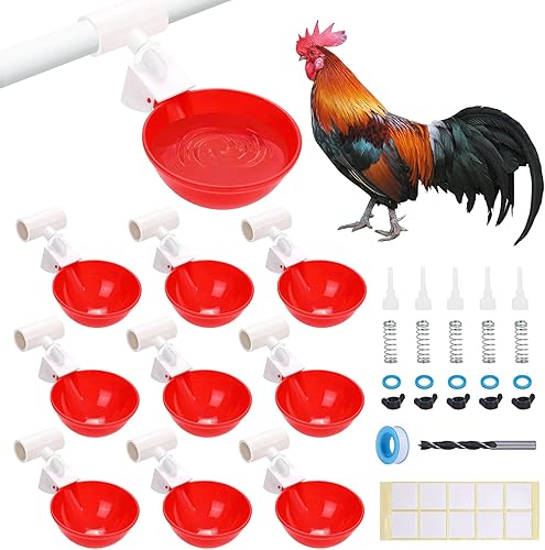 10 tazas grandes automáticas para bebederos de pollo, 10 tazas de agua de pollo de PVC de 12 pulgada, alimentador de agua de pollo con 10 cintas de