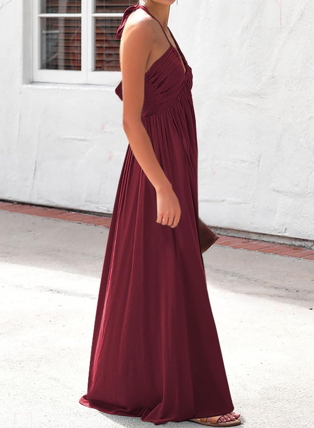 Maxi Dresses for Women Sexy Halter V Neck Backless Smocked High Waisted A Line Beach Vacation Sundress - Image 4