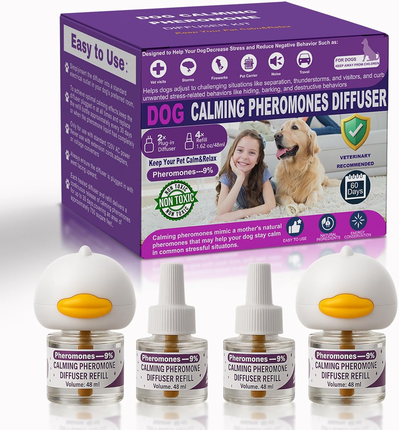 Dog Calming Pheromones Diffuser & 6 in 1 Kit Appeasing Dog Pheromone Diffuser to Calm (2 Plug in+4 x48ml Refill) Dog Calming Diffuser Anxiety Reduce Aggression Fighting Barking Stress 120 Day Supply