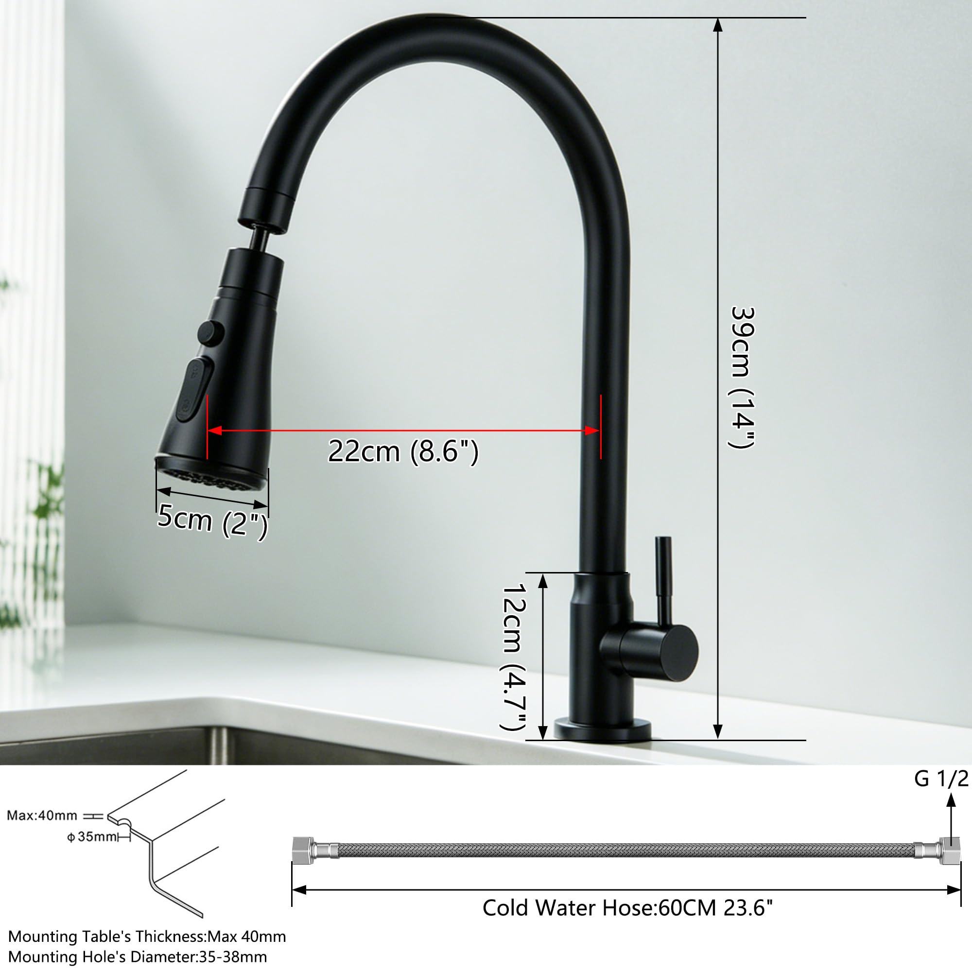 Kaltwasser Nur Küchenarmatur Küchenarmatur Spültischarmatur Mattschwarz | High Arc Einhand-Kaltwasser-nur Wasserhahn für Küche SUS304 Edelstahl Kaltwasserhahn mit 3 Strahlarten