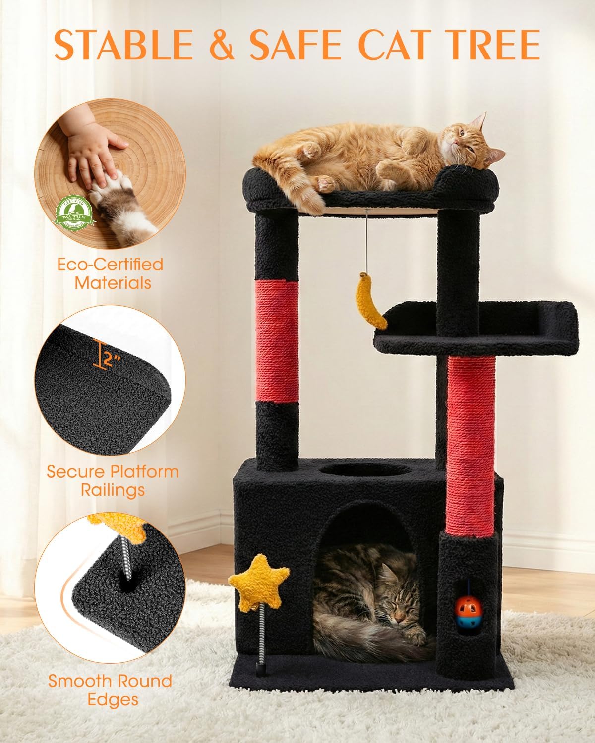 32In Cute Cat Tower for Indoor Cats with Cat Condo, Plush Platform, Hammock, Sisal Scratching Posts, Dangling Ball, Tall Cat Tree Tower with Self-Grooming Brush (Jet Black)