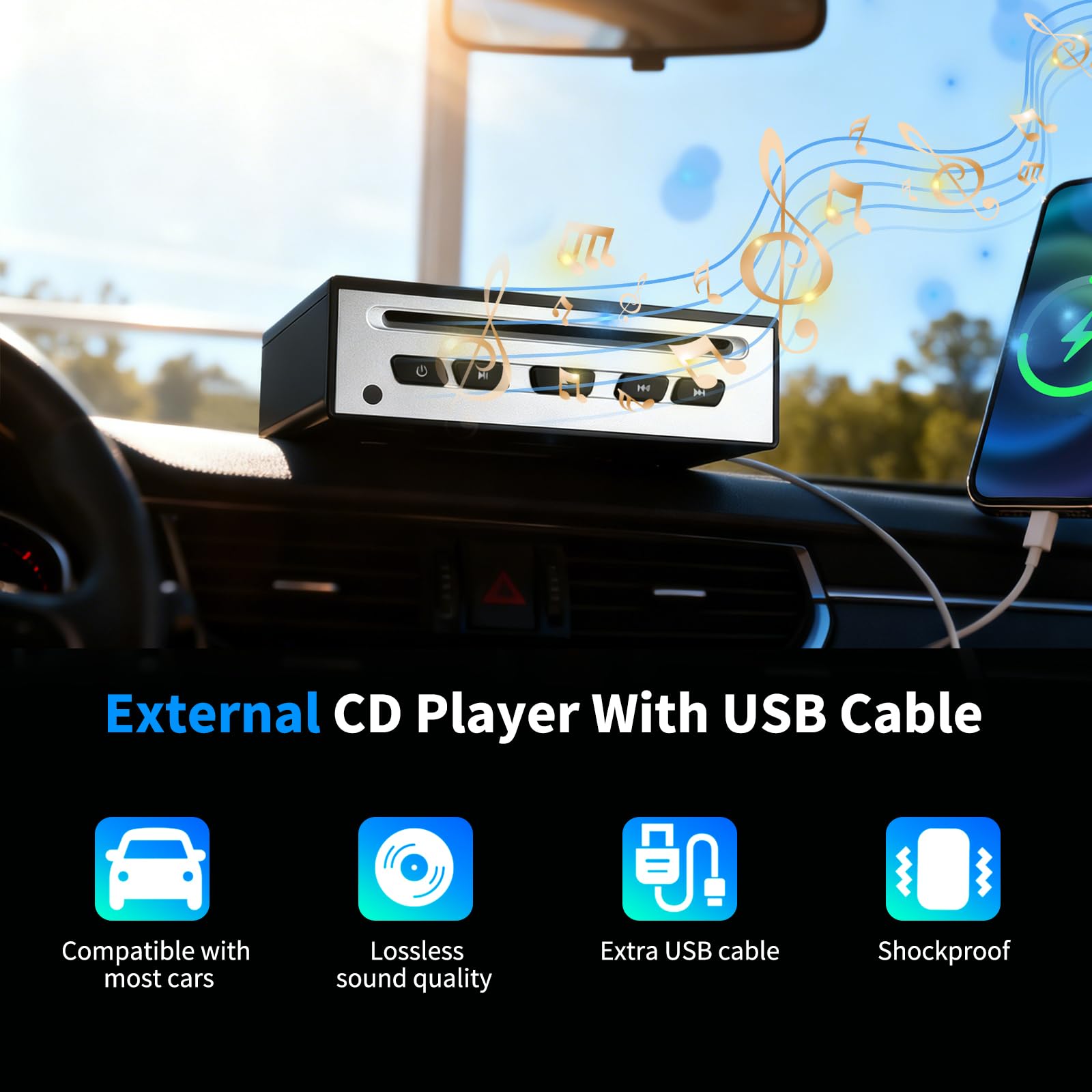 Reproductor de CD para coche – Reproductor de CD externo universal para coche con USB, AUX, HDMI y puerto USB-C, Plug & Play, compatible con radio de coche, portátil, TV, ordenador y equipo de alta