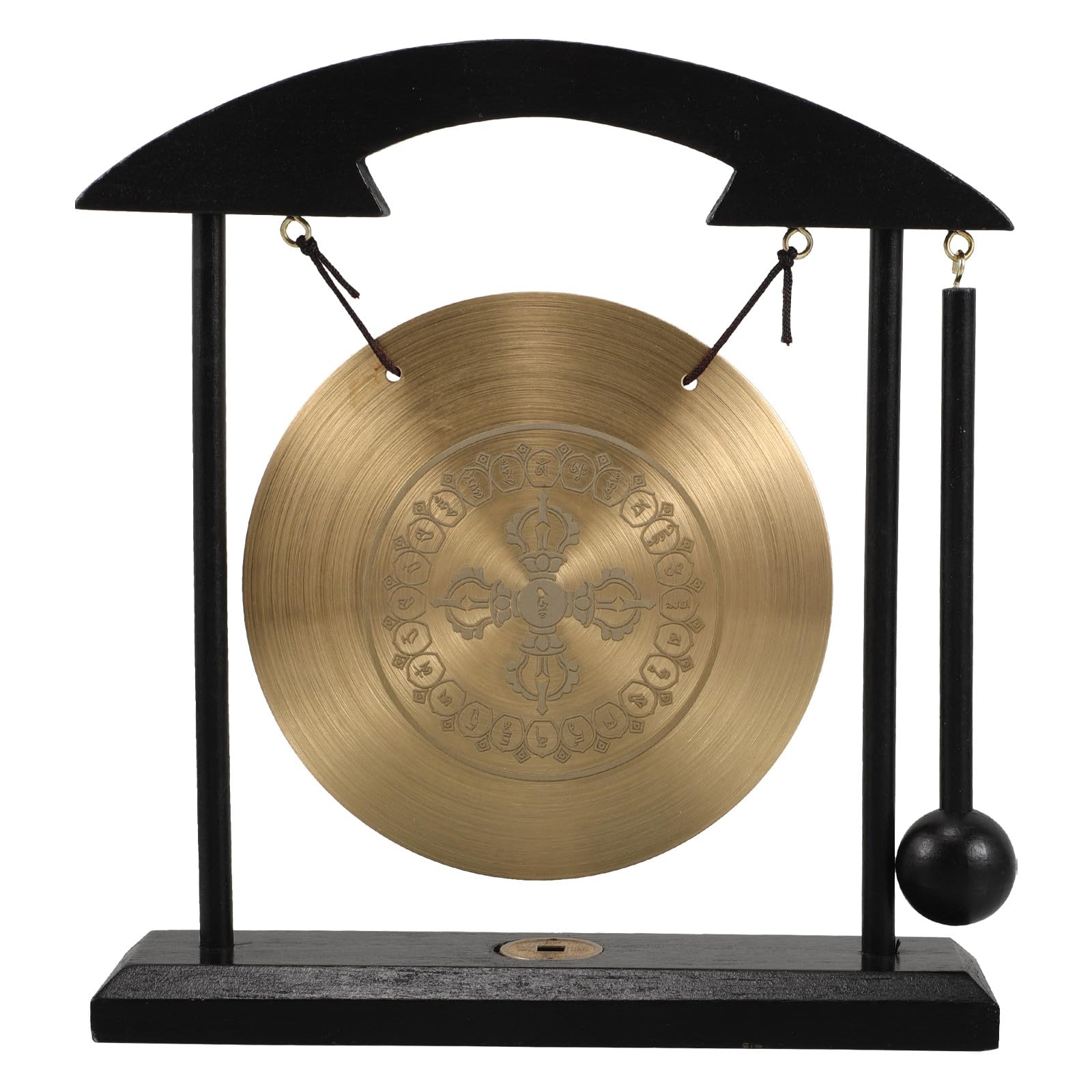 Didiseaon Gong de Meditación de Aleación con Diseño Vajra, Mini Gong de Mesa Feng Shui en Latón Dorado, Campana Decorativa para Oficina y Hogar, Adorno Zen Coleccionable con Soporte y Mazo