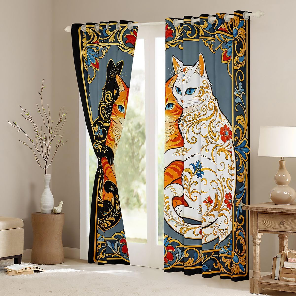 Castle Fairy Vintage Cat Pirate Window Curtains Bohemian Animals Boys Girls Room Decor Windows Drapes Exotic Tribal Grommet Top 2 Panel Set Bedroom Curtains 42x63 Inch Green Black