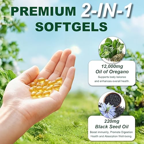 Miniatura 6 de 300 cápsulas blandas de aceite de orégano con aceite de semilla negra, suplemento de orégano 2 en 1 para la salud inmunológica, conserva carvacrol y