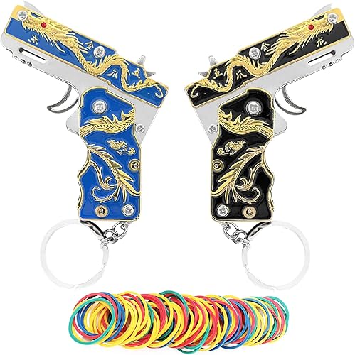 Miniatura 1 de 2pcs mini dragón oro goma banda pistola Metal plegable llavero nuevas e interesantes goma banda juguete pistola al aire libre regalo de fiesta,
