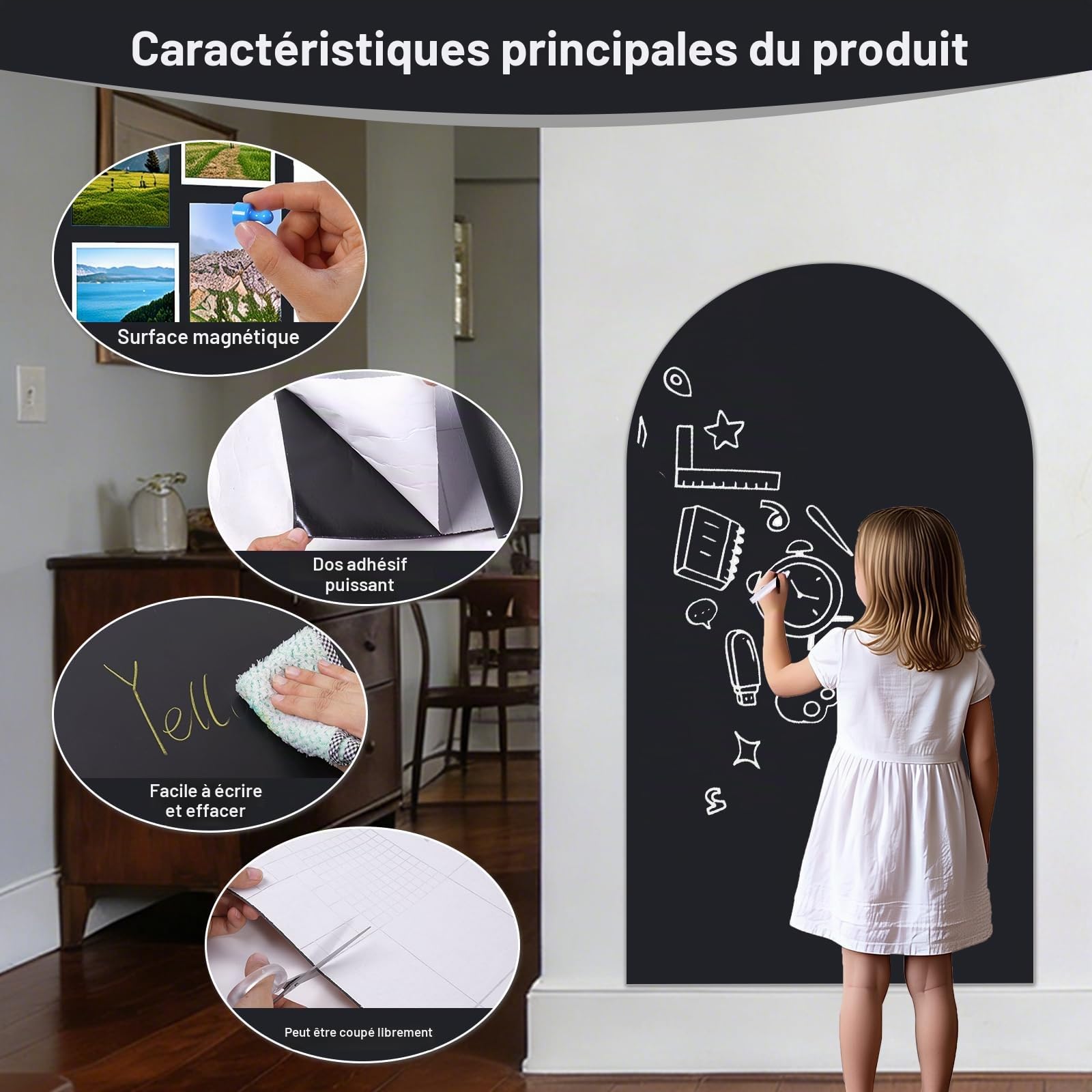 Tableau Noir Magnétique Autoadhésif 80 x 40 cm – Feuille Murale Effaçable avec Surface Magnétique, Design Arche, Inclut Craies, Chiffon et Aimants – Maison, Bureau, École (Noir)