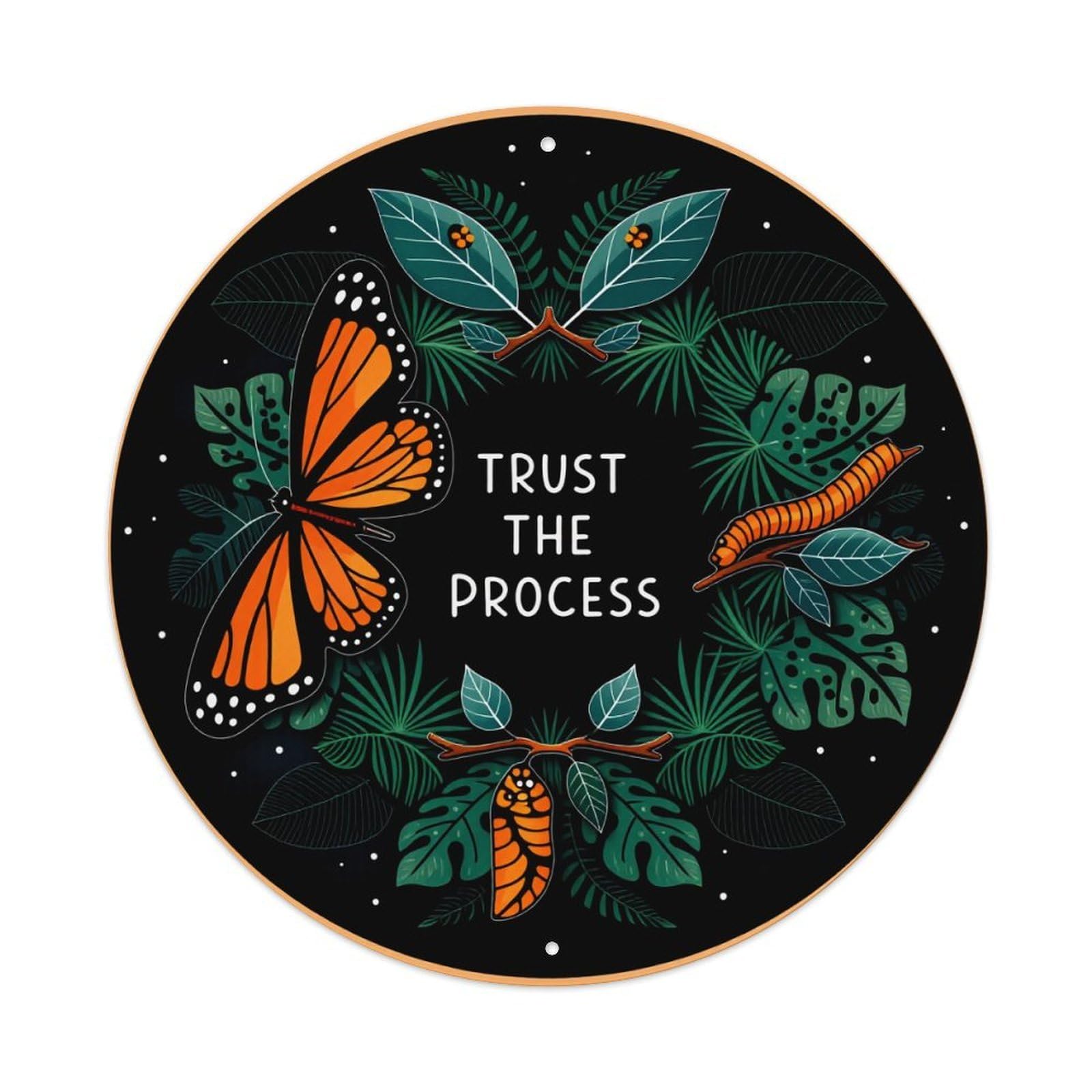 Butterfly Caterpillar Leaves Process Trust Round Tin Sign Vintage Style Metal Sign Home Bar Garden Wall Plaque Decor Metal Poster 8x8 Inch