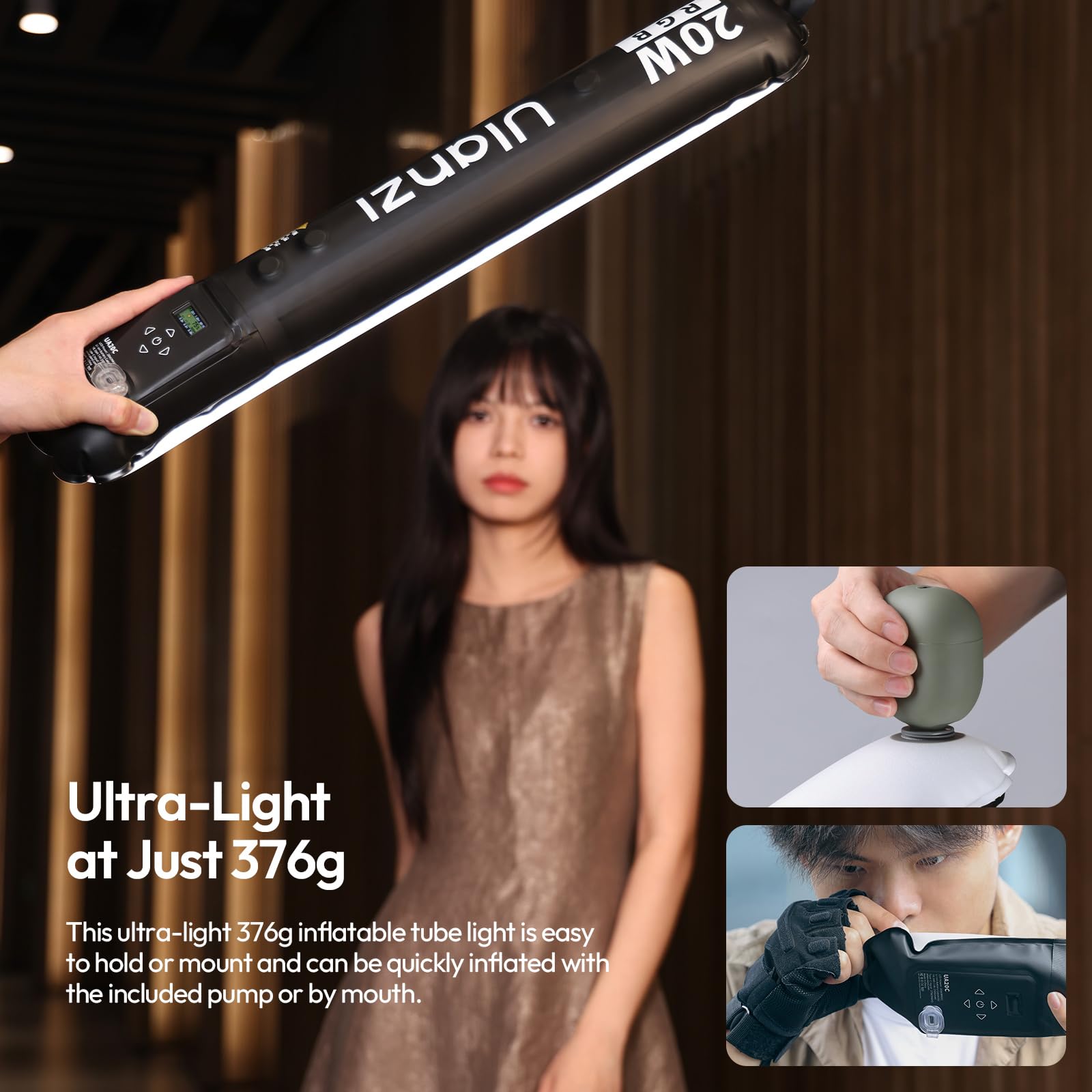 ULANZI UA20C Lampe Tube à air, Lumiere Photo Portable RGB 20W, Lampe vidéo magnétique à intensité Variable 1800-10000K avec IRC 95+, 12 Modes scène, LED Photo Gonflable Rechargeable 2500mAh
