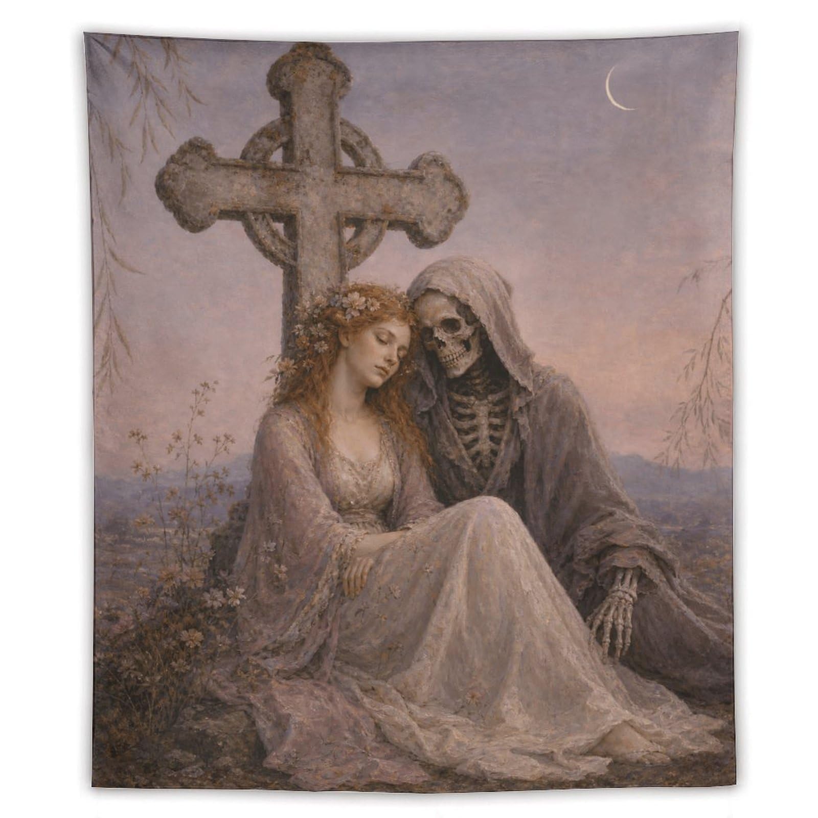 H3B8U2Y5 Bride with Death Wall Tapestry, Gothic Oil, Soft Gothic Romance