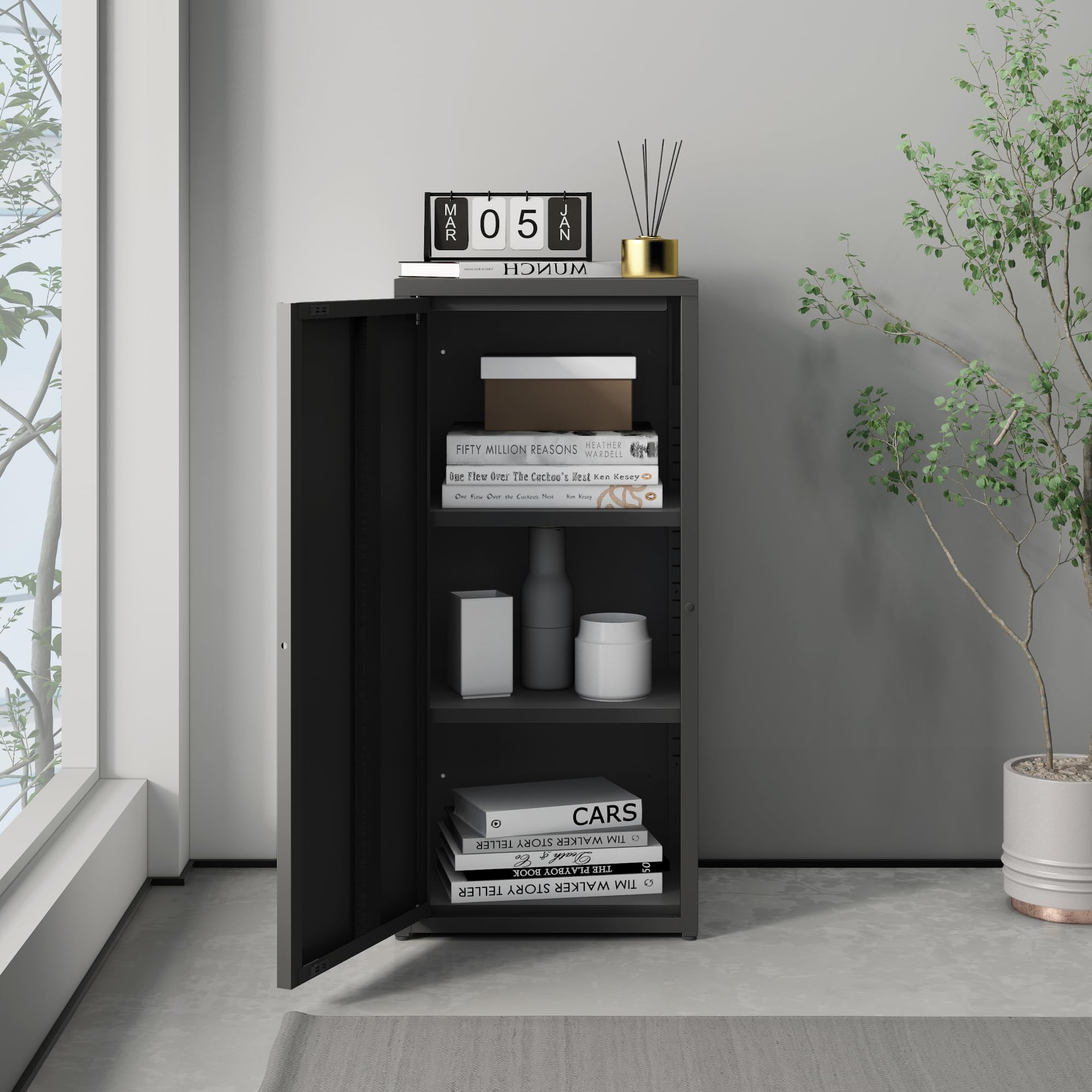 [en.casa] Metallschrank Burlöv Aktenschrank mit Einer Tür Büroschrank 2 höhenverstellbare Ablagen Ordnerschrank 88 x 40 x 35 cm Schwarz Spind Schrank