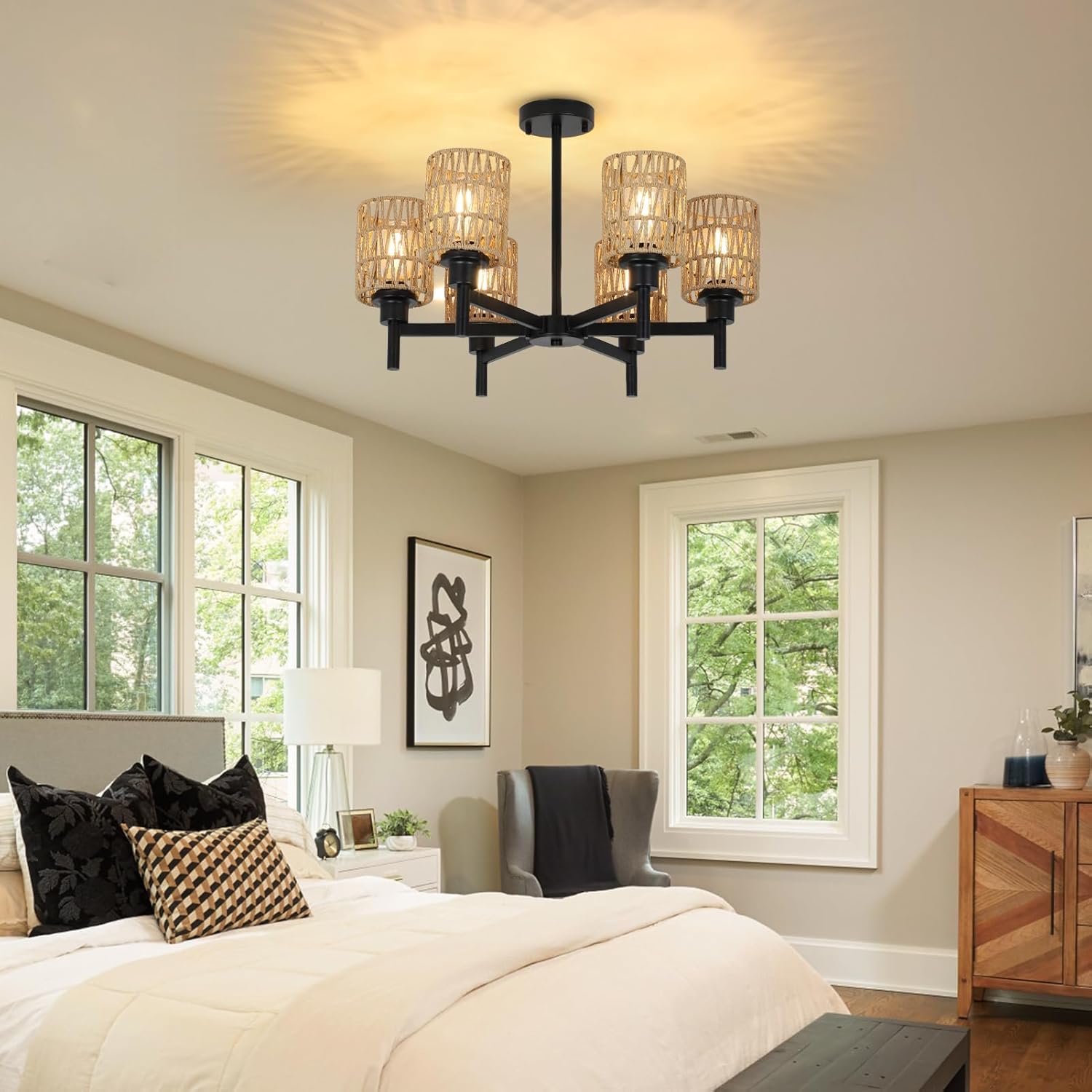 Airposta Rattan Farmhouse Chandelier for Dining Room, Black Pendant Lights Kitchen Island Lighting, Boho Chandeliers Ceiling Hanging Lamp, Rustic Dining Room Light Fixture for Living Room Bedroom Hall