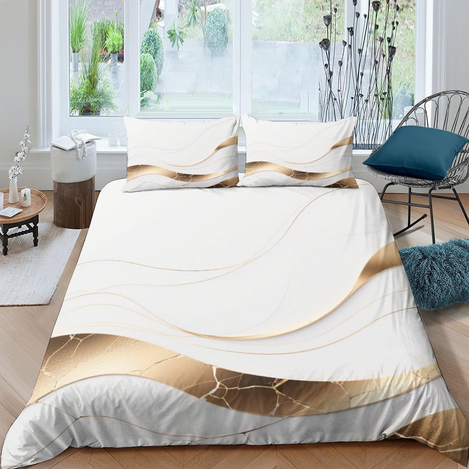 Ctjqhvkz Style-5 3D Printed White Gold Marble Fitted Sheet Microfiber Soft Breathable Abstract Wave Bed Cover For Bedroom Guestroom Single（135X200cm）