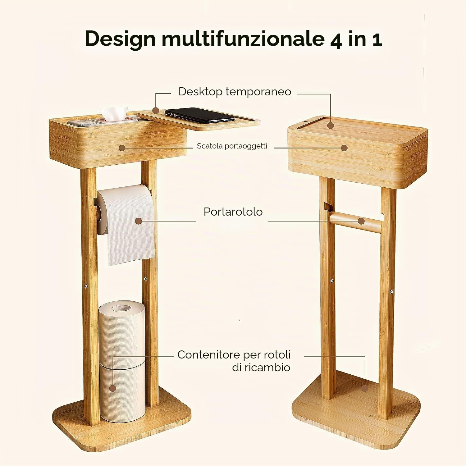 Portarotolo carta igienica 4 in 1 con scaffalatura in bambù, organizer per carta igienica, porta carta igienica, porta carta igienica, bagno temporaneo