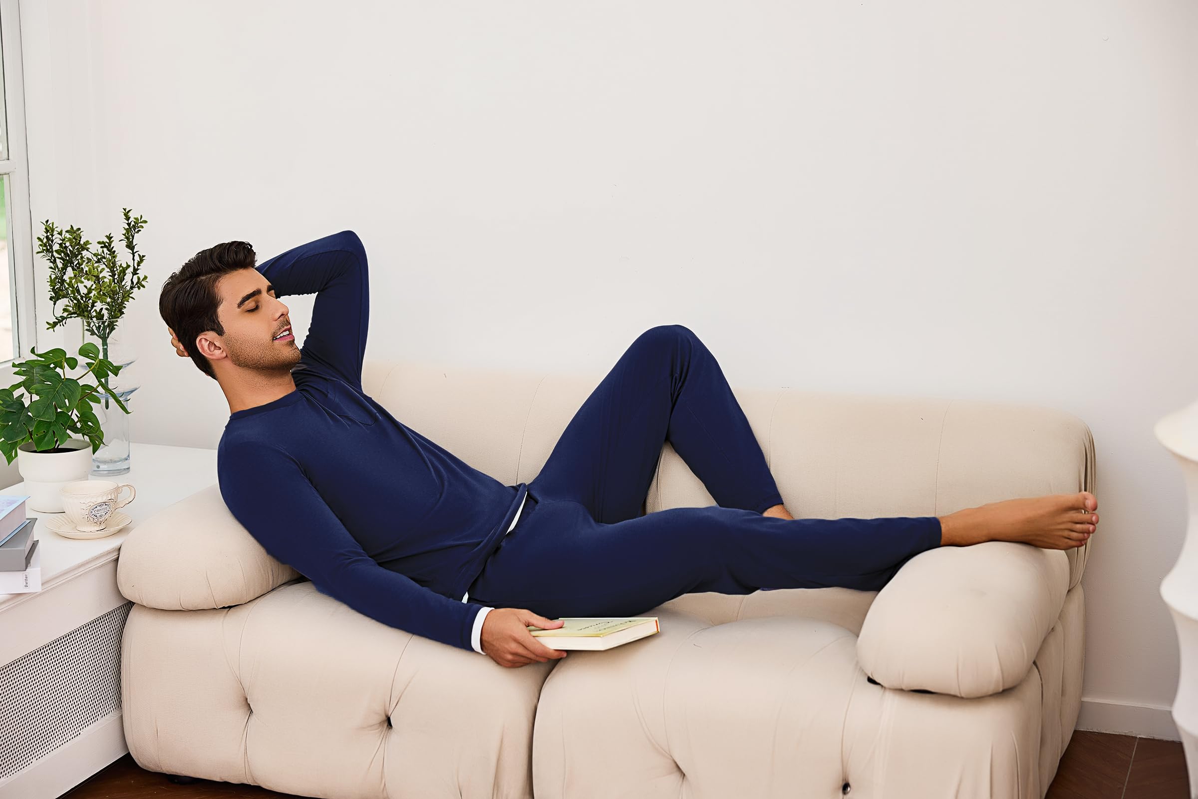 Litherday Pigiama Uomo Invernale Cotone Lungo Pajamas Due Pezzi Maniche Lunghe Pantaloni Lunghi Pigiami Morbido Loungewear con Tasche