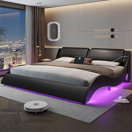 DICTAC Base de cama de plataforma tapizada completa con luces LED debajo de la moderna base de cama LED de perfil bajo ondulado con cabecero, piel