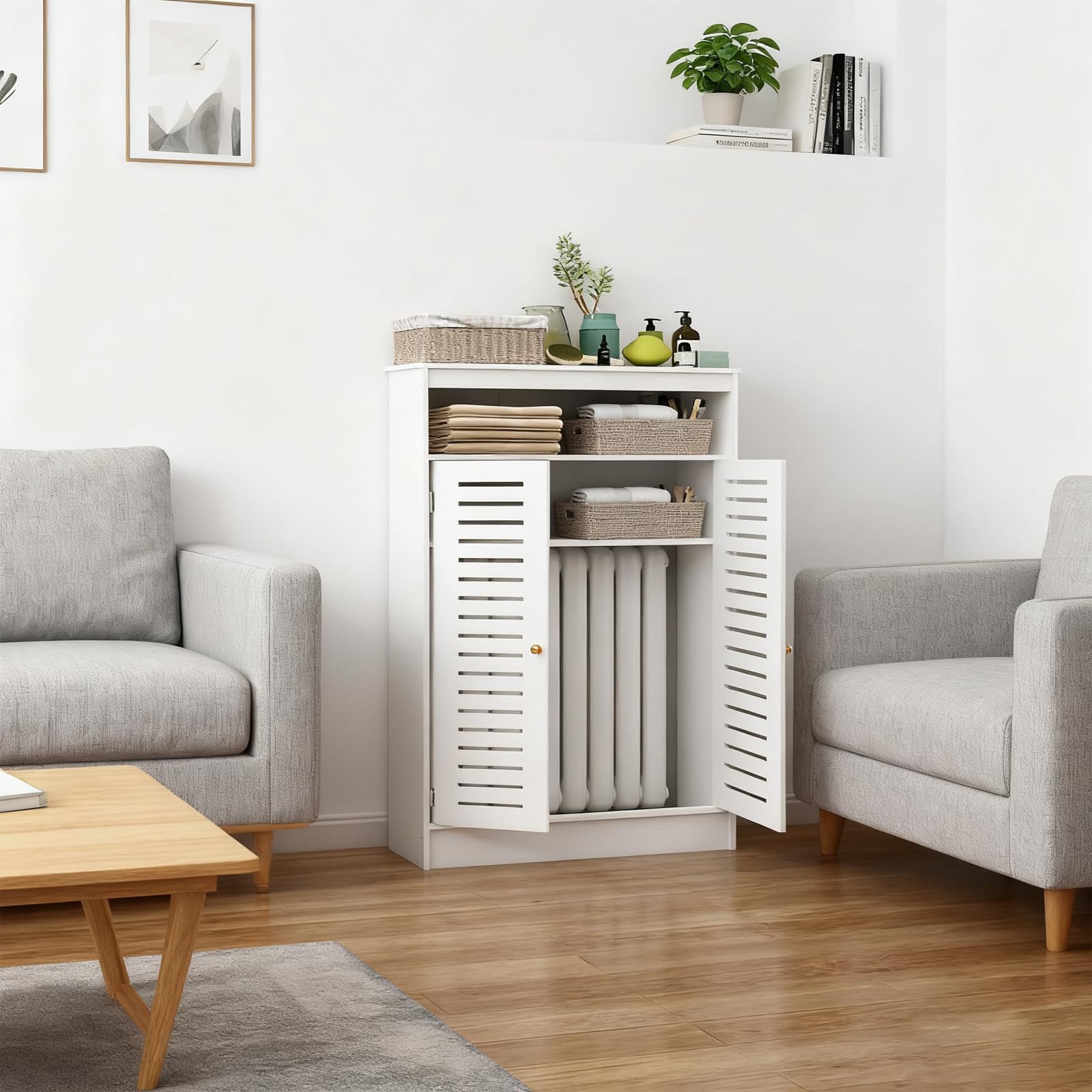 Cubre radiador blanco de dos puertas con rejilla Louver para salon y baño de 50x90x25 cm
