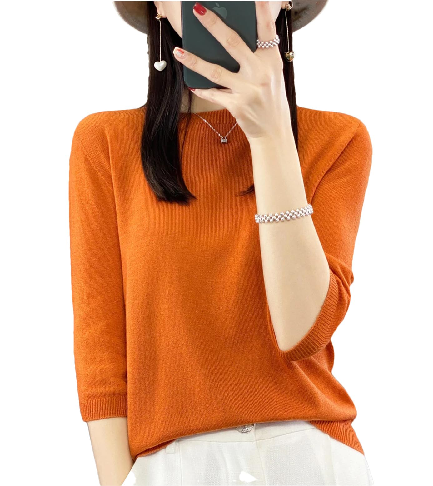 Wvapzxx Primavera Estate Donna O-Collo Mezza Manica Cashmere Maglia T-Shirt Top