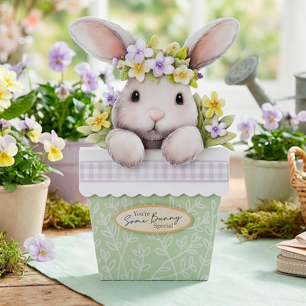 Katy Sue Bunny Tails & Flower Pots Card Making Kit – Make 8 Freestanding 3D Easter Bunny Cards – Includes Decoupage, Envelopes & Foam Pads – UK Made Papercraft Kit
