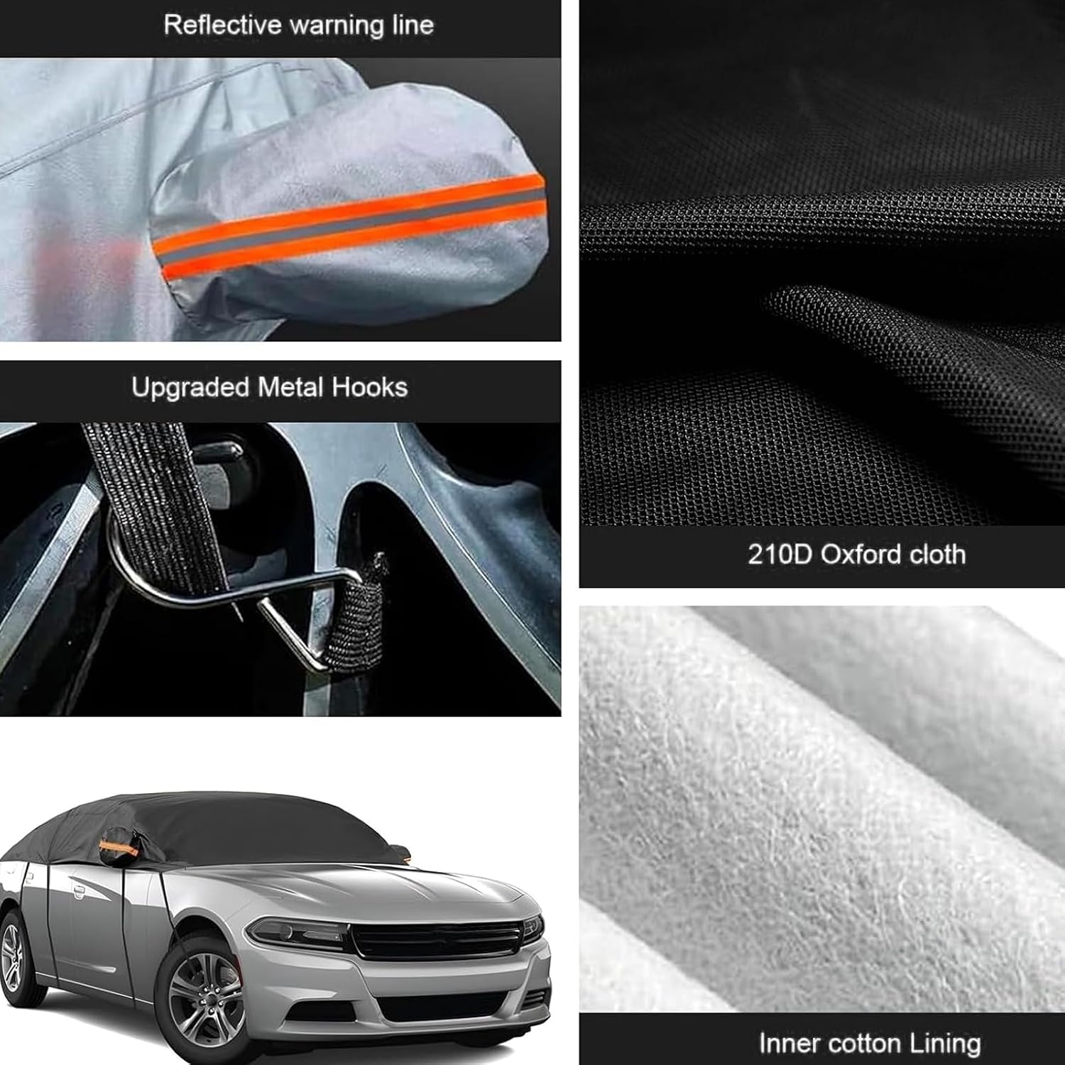 Half Car Cover, Oxford Thickened Windshield Roof Sunshade with Fixed Hooks & Reflective Strips, Waterproof All Weather Cover for Sun, Rain, Snow, Dust - Universal for Most Vehicles (Black)