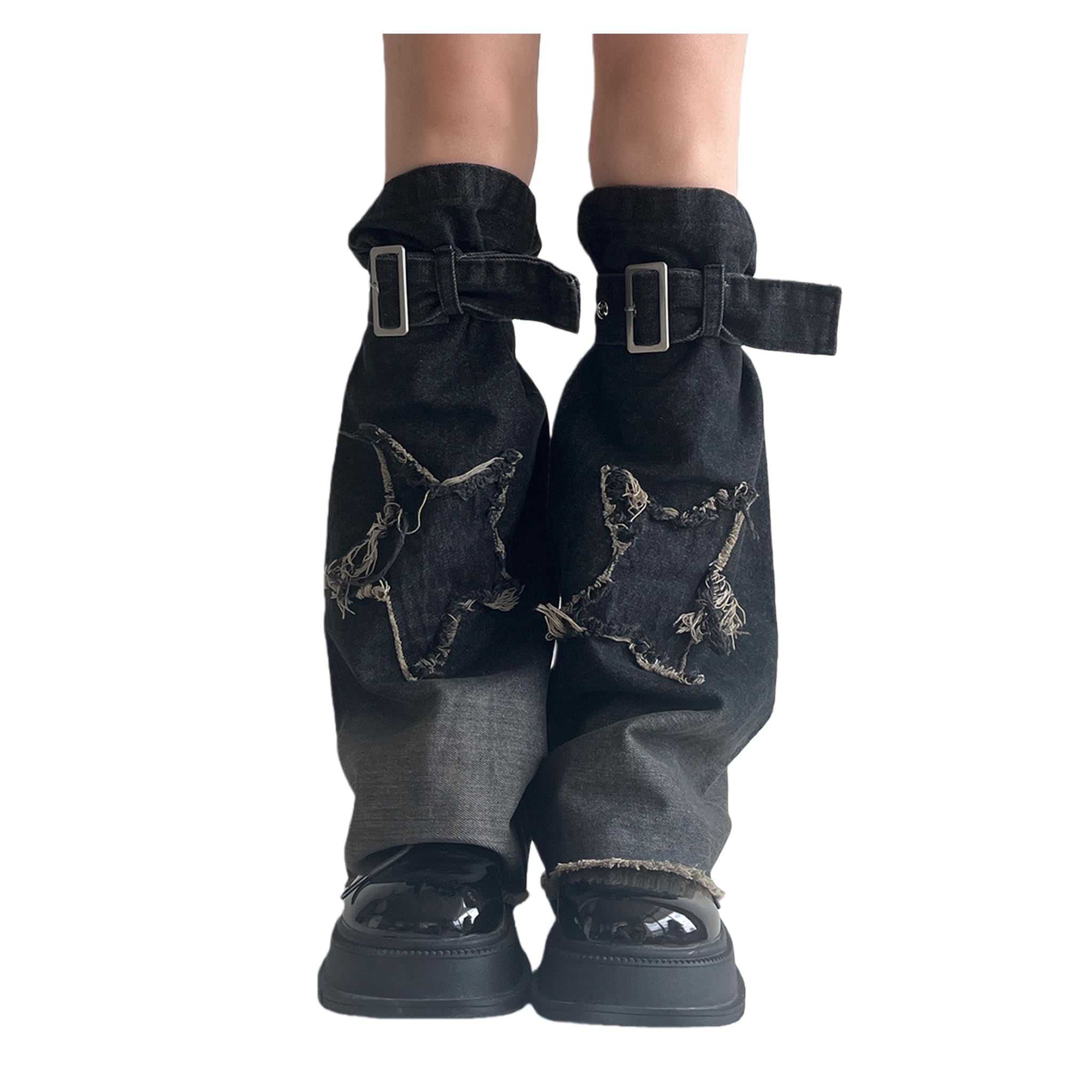 1 Pair Y2K Denim Leg Warmers for Women - Adjustable Strap Star Decor Flared Hem for Boots Casual