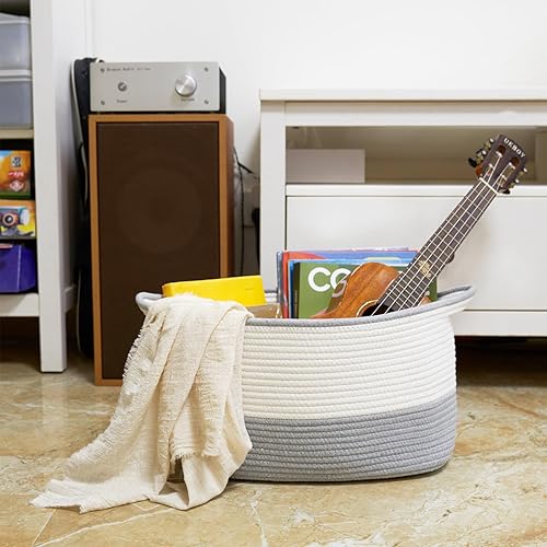 Miniatura 1 de WOCATS Cesta grande de cuerda de algodón de 15 x 10 x 9 pulgadas para cesta de lavandería de bebé, canasta tejida para manta de sala de estar, color