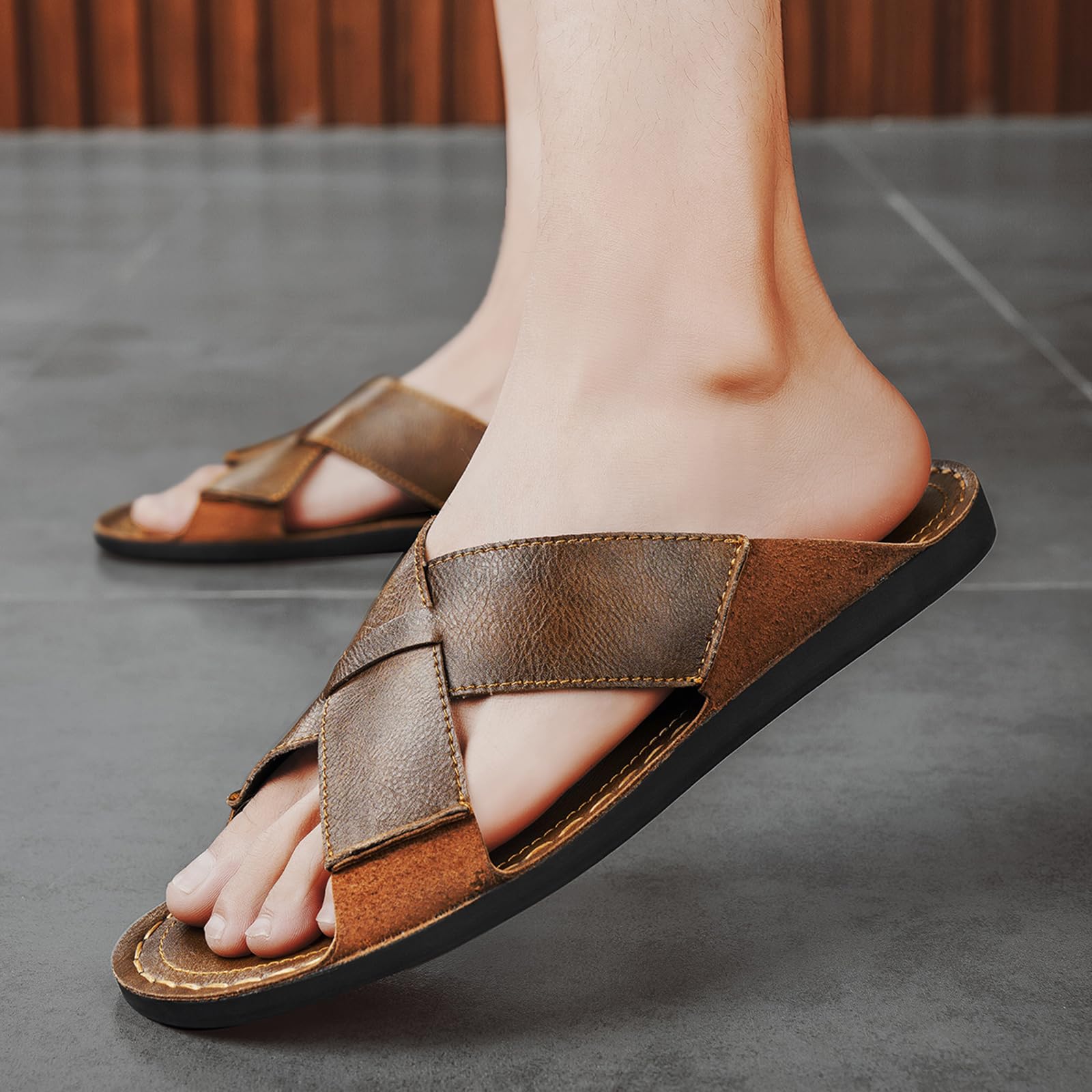 Sandalias de piel auténtica para hombre, cómodas, ligeras, abiertas, redondas, sin cordones, para exteriores, caminar, sandalias casuales de playa