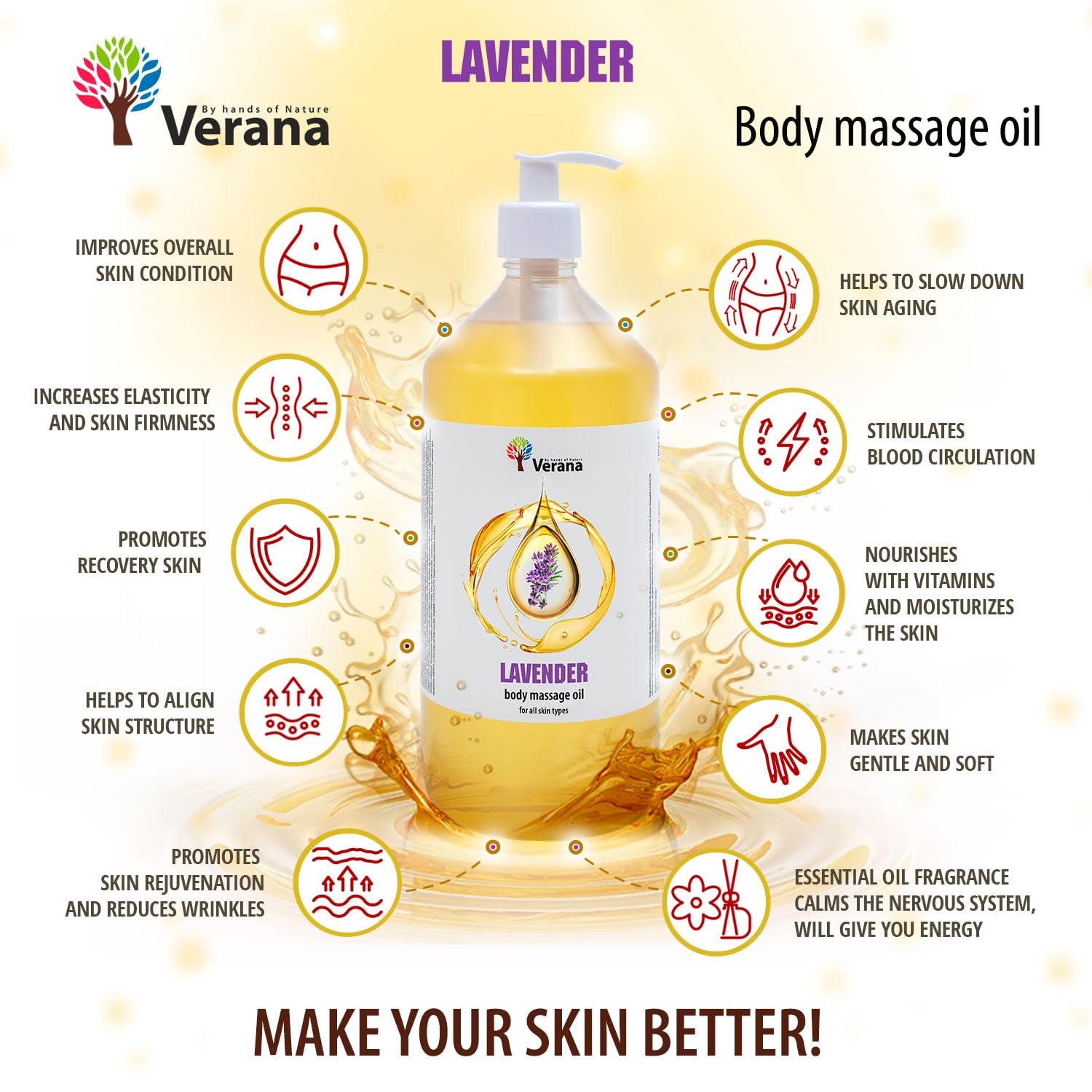 Verana Olio per Massaggio corpo Lavanda, Naturale, Senza OGM, Rilassante, Rende la Pelle Morbida ed Elastica, Calma il Sistema Nervoso, Massaggio Rigenerante e Nutriente, Aromaterapia (1L)