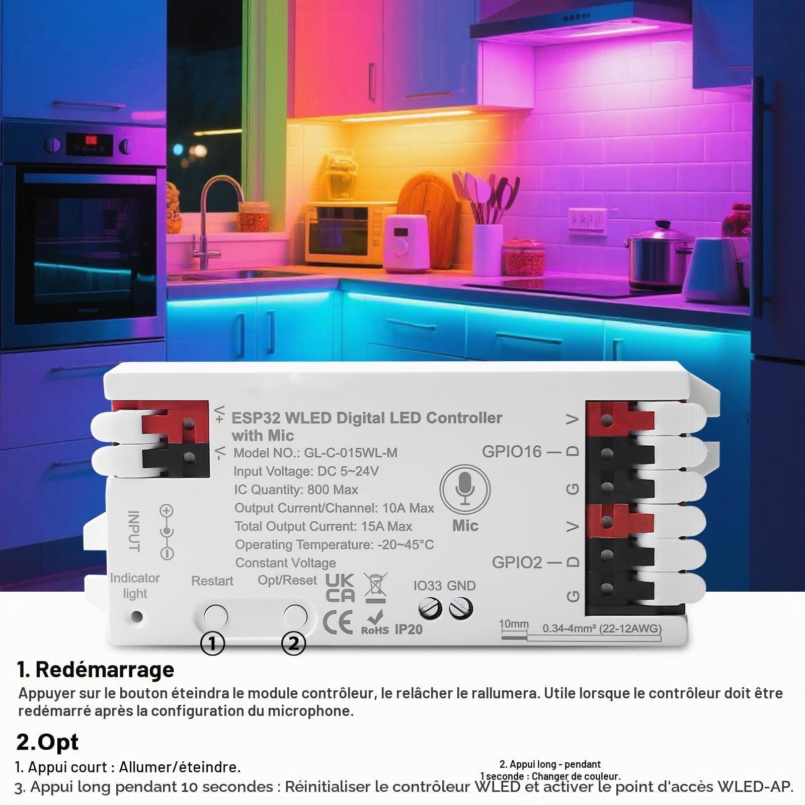 Contrôleur WLED ESP32, bande LED adressable numérique avec microphone pour NeoPixel (WS2812B, WS2811, SK6812), DC5-24V, parfait pour les lampes numériques RVB et RGBW