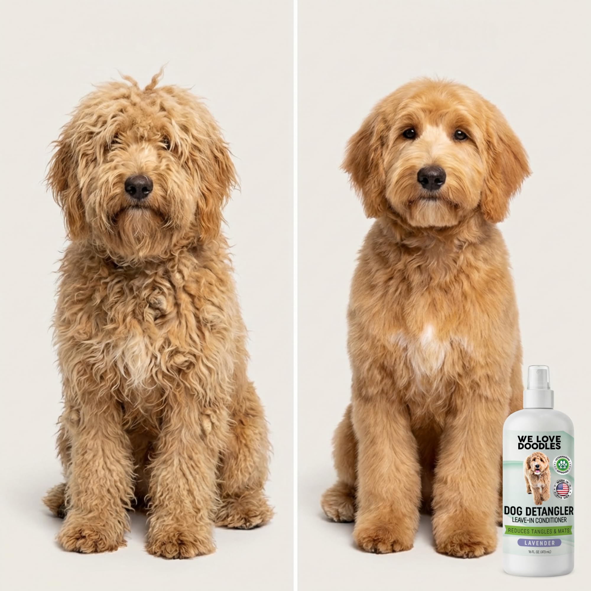 We Love Doodles Cepillo grande para perros y spray desenredante de lavanda, cepillo para perros de pelo largo, Goldendoodles y garabatos, removedor de enredos, spray desenredante y acondicionador para