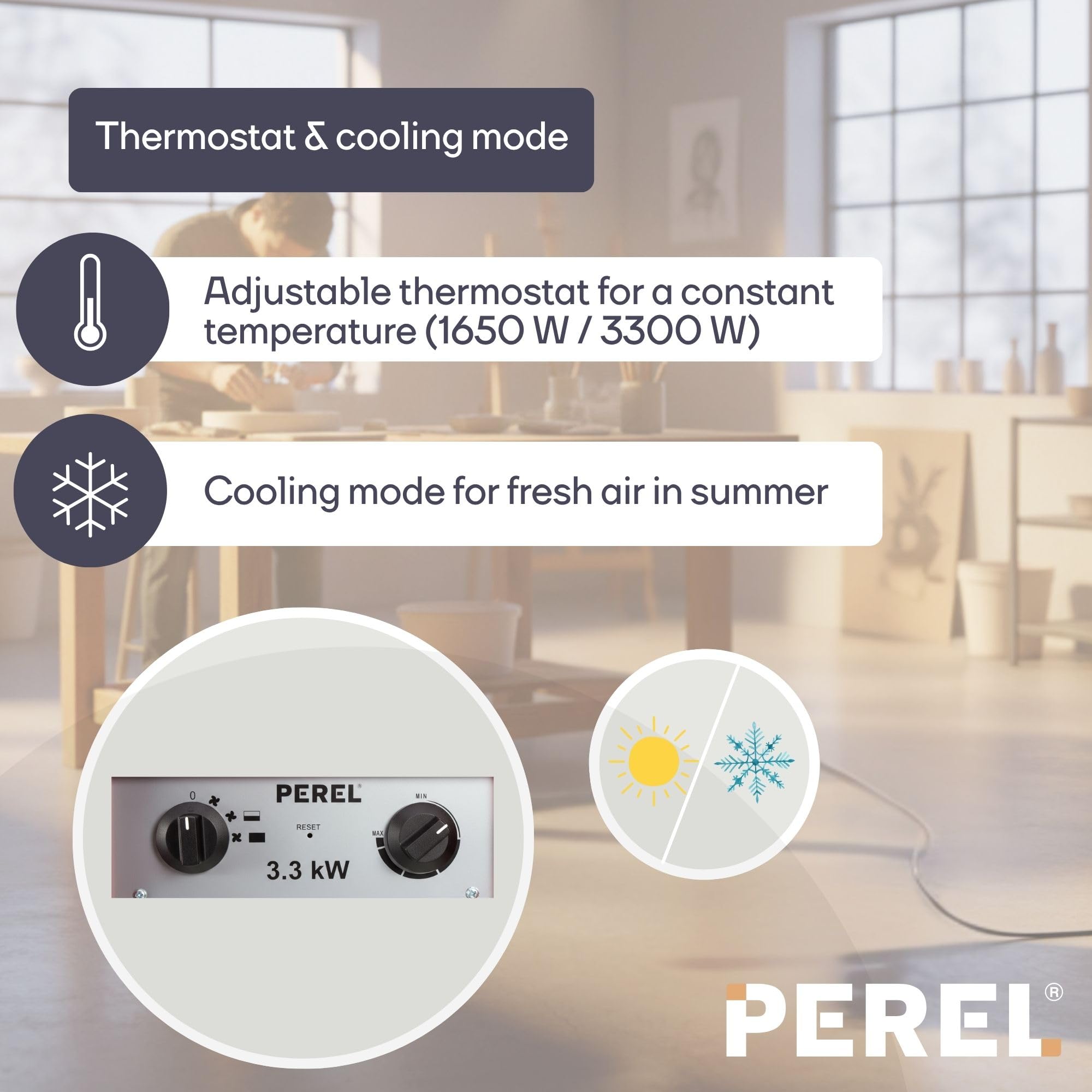 Perel Elektryczny grzejnik wentylatorowy 3300W, 2 poziomy grzania, termostat i funkcja chłodzenia, IP24, zabezpieczenie przed przegrzaniem, kompaktowy przenośny grzejnik do warsztatu, garażu lub