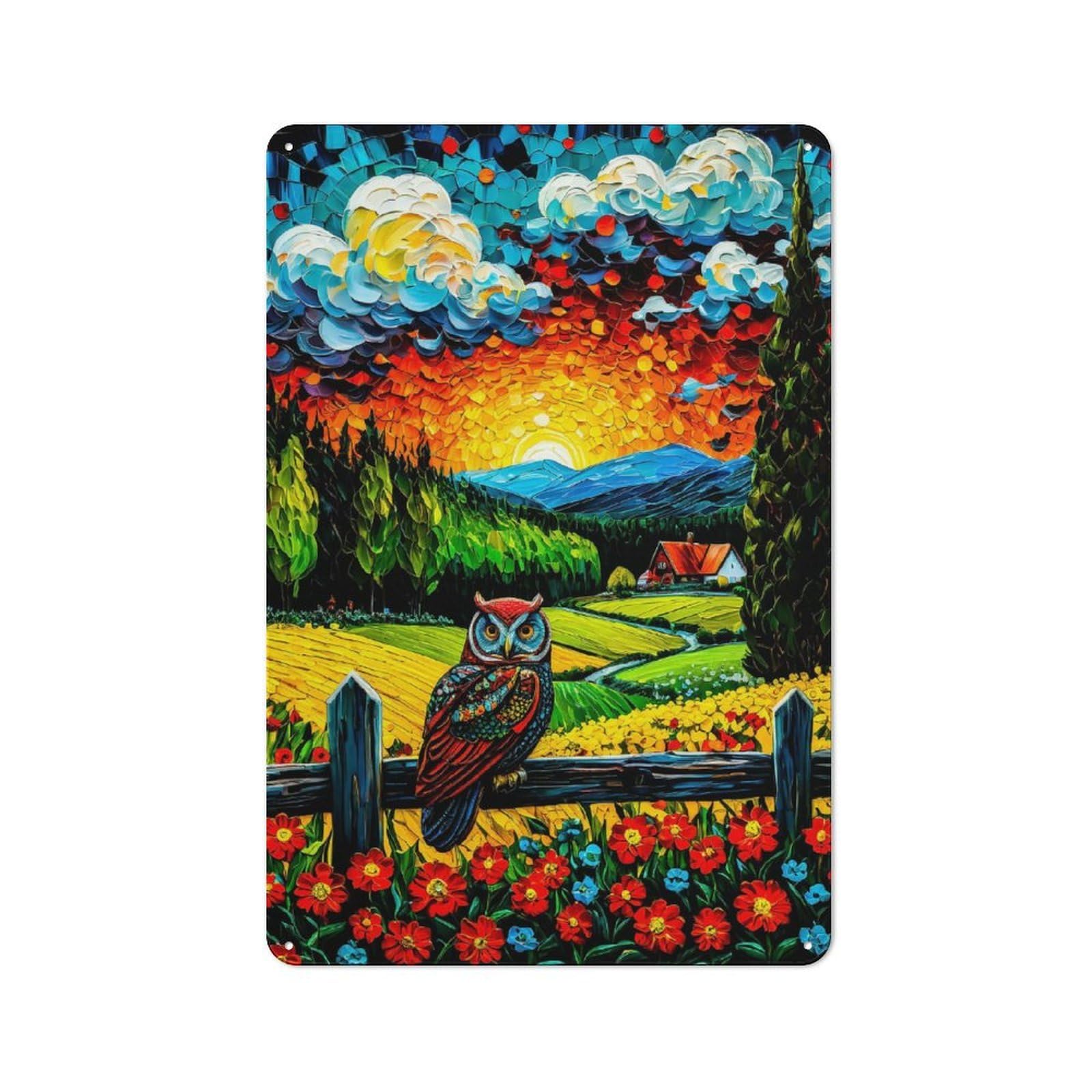 Junmoney Owl On Fence At Sunset Painting Vintage Metal Plaque 30X20cm For Guest Room Or Hallway, A Decorative Christmas Gift For Guest Room Decorators