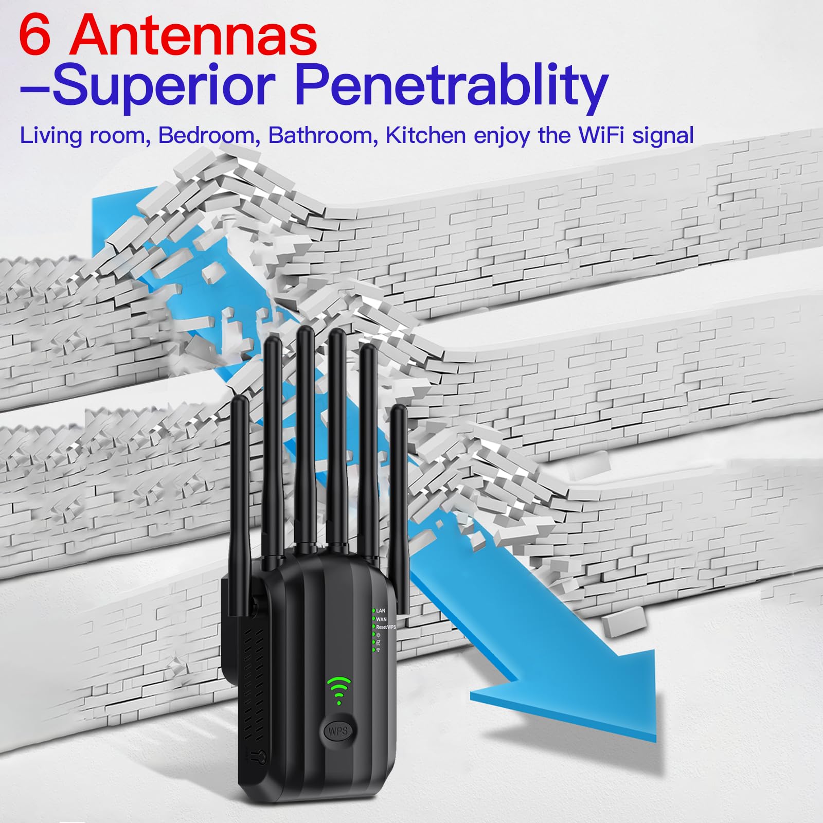 WiFi Extender Signal Booster with 6 Antennas, WiFi Repeater Up to 10000 Sq.ft, WiFi Extender with Ethernet Port, Compatible with More Devices, Internet Extender WiFi Booster for Home