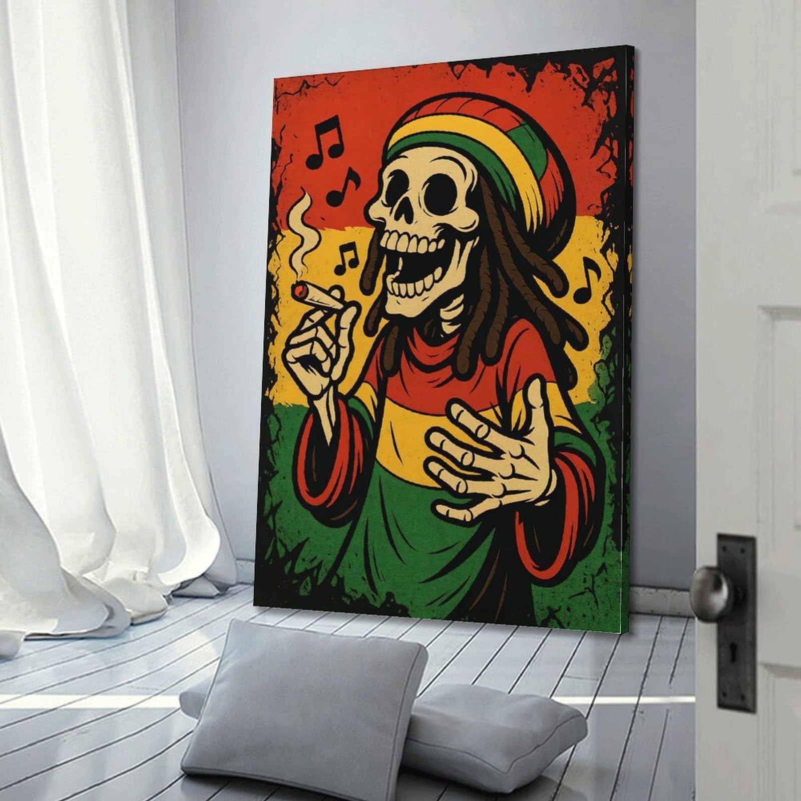 ZlXXYZ Poster artistico da parete su tela, per soggiorno, motivo: teschio reggae, musica decorativa, 40 x 60 cm, stile cornice