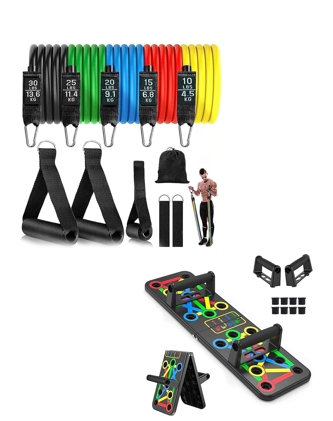 ALYV 14-in-1 Push-Up Board with Color-Coded System & 5-Level Resistance Bands Combo | Ultimate Full Body Home Workout Kit for Strength & Fitness Training