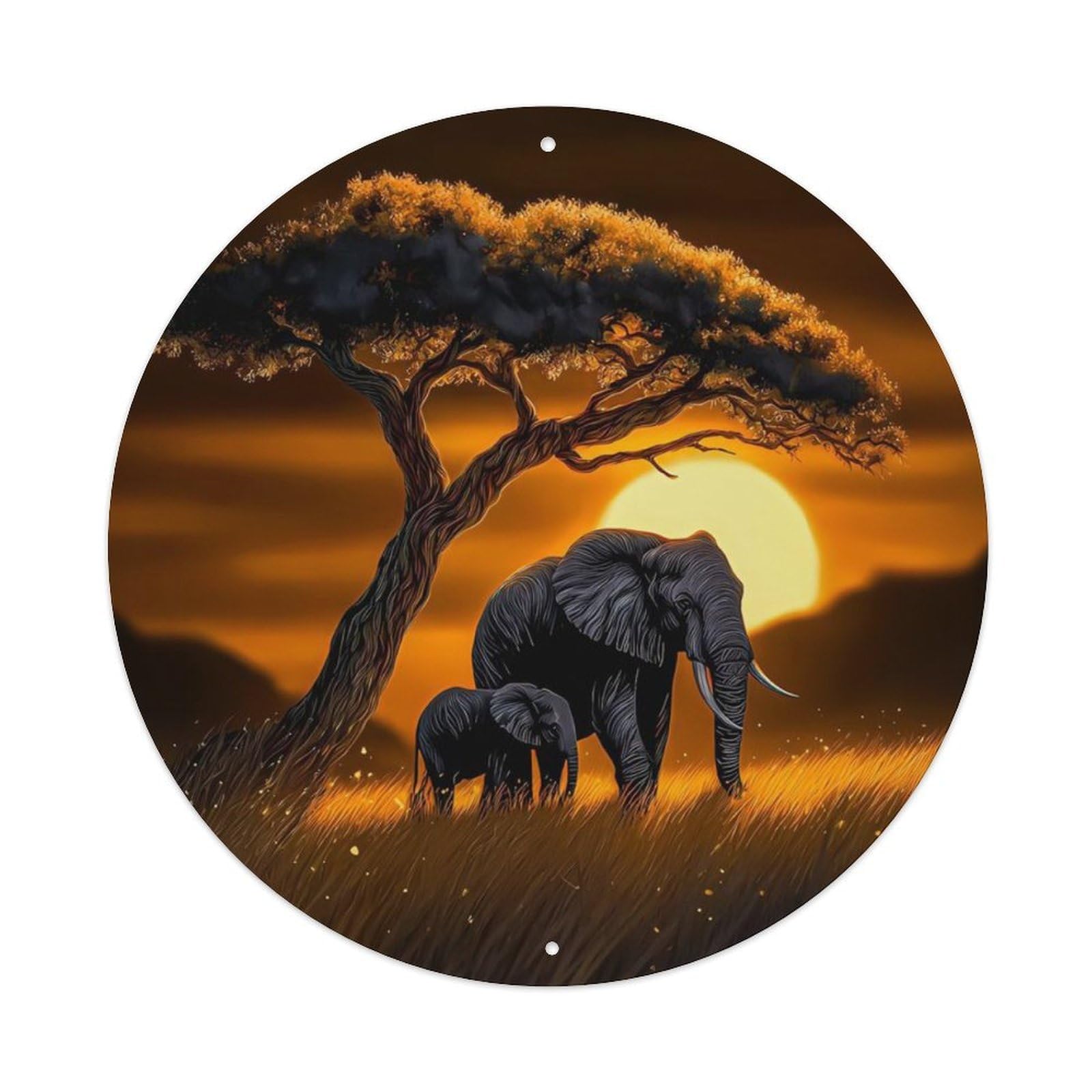 Animal African Elephant African Savanna Sunset Vintage Metal Tin Sign Plaque Wall Decor for Cafe, Club Bar, Office, Garden Metal Poster 8x8Inch