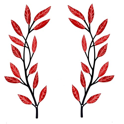 Metal Tree Leaf Wall Decor 2 PCS Rustic Vine Branch Leaf Wall Art for Living Room Bedroom Bathroom Decorations - Red - Red