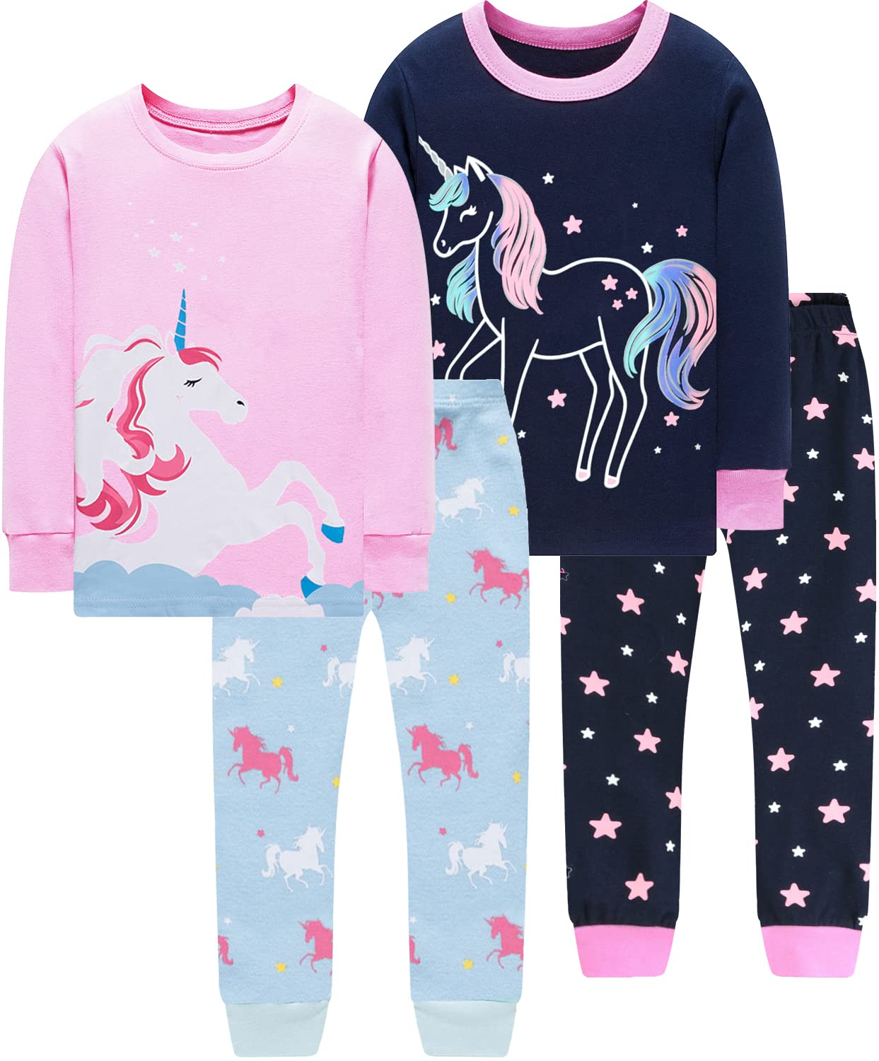 EULLA Pigiama per bambini e bambine, a maniche lunghe, in cotone, per l'inverno, con unicorno, principessa, coniglietto, gufo, due pezzi, biancheria da notte 1-10 anni, 92 98 104 110 116 122 128 134