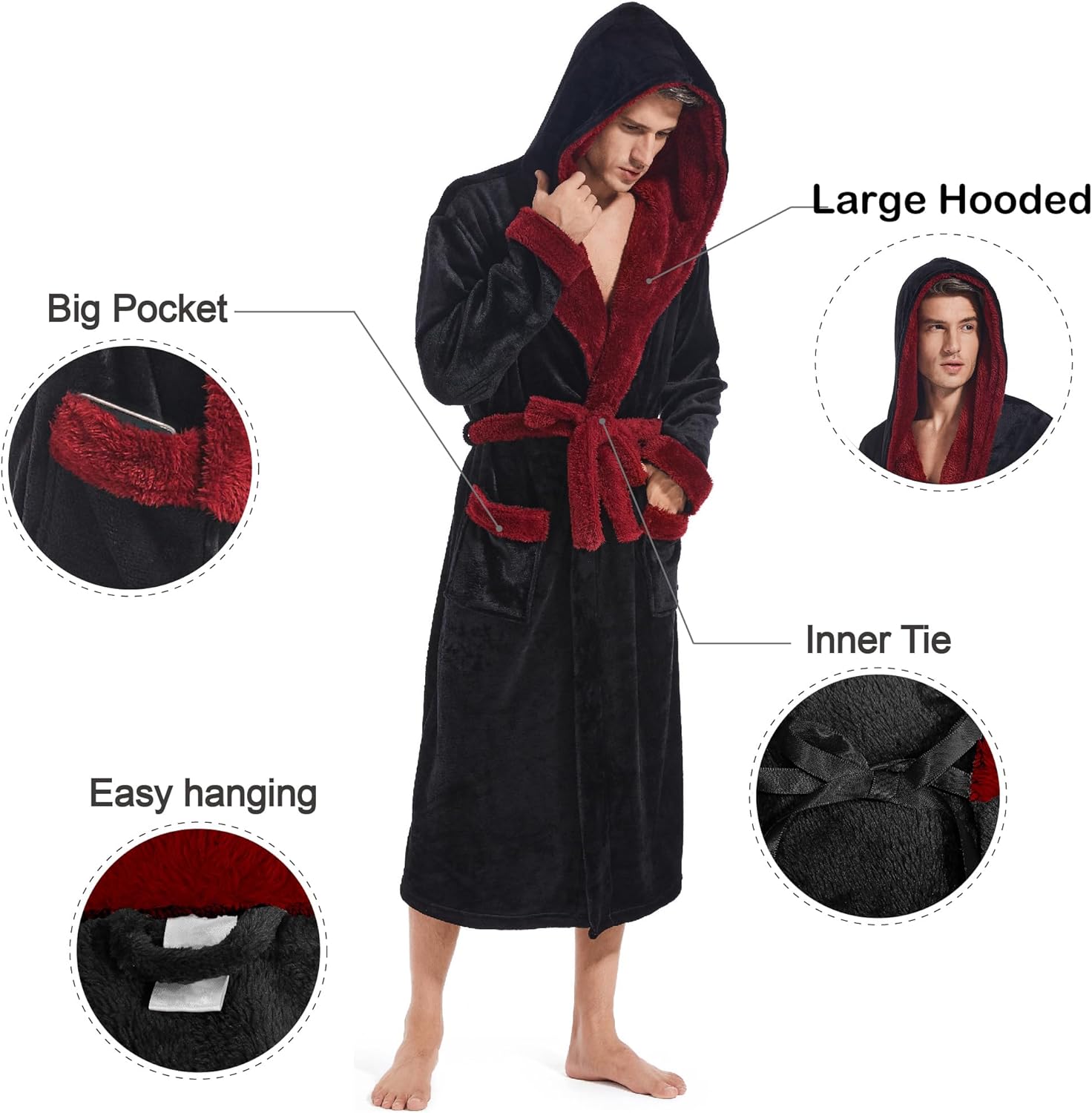 Inner Wish Mens Hooded Robe, Plush Long Bath robes Cozy Warm Bathrobe Fuzzy male Spa Robe With Pockets - Image 4