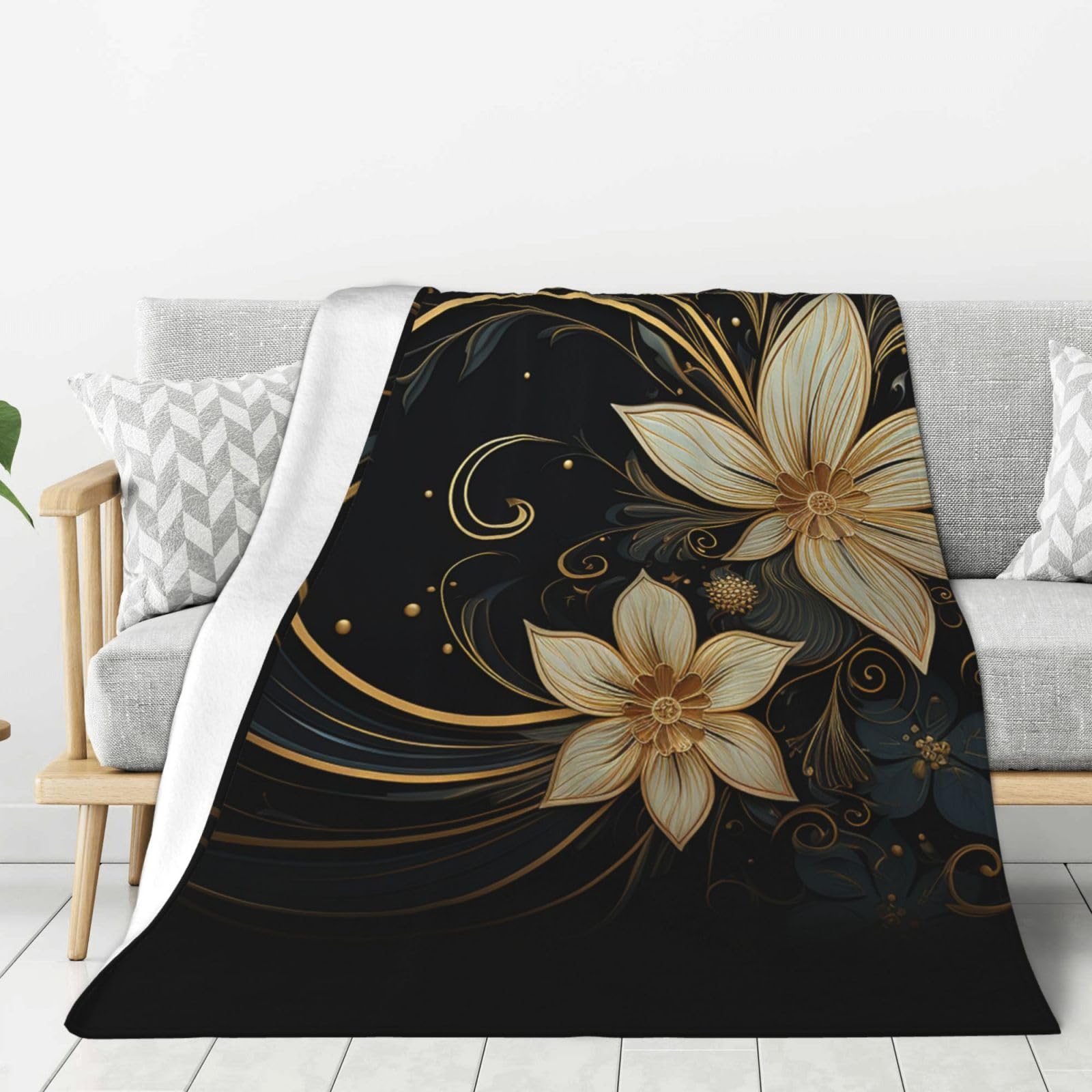 Gold Design On Black Background Throw Blanket Plush Flannel Fleece Blanket, Soft Lightweight Cozy Blankets 40"X30" for Bed Couch Sofa Travel