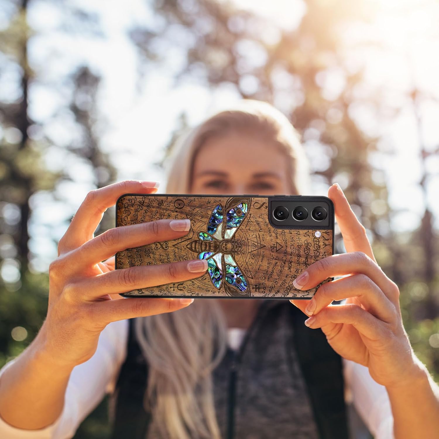 Carveit Designer Wooden Cover for Samsung Galaxy S22 Case [Wood Engraving & Shell Inlay] Compatible with Wireless Chargers Galaxy S22 (Death's Head Moth-Walnut)