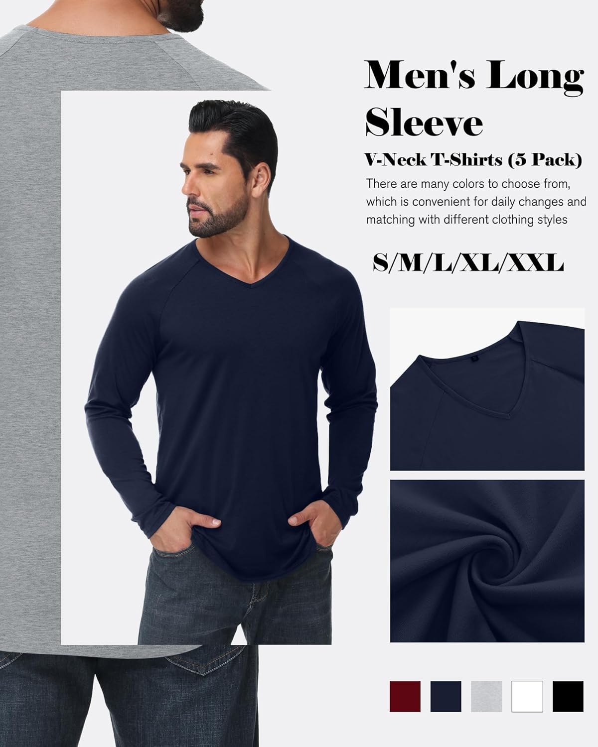5 Pack Men's Long Sleeves Shirts V Neck Raglan Curved Hem Plain Basic Tee Fall Tops Multipack - Image 6