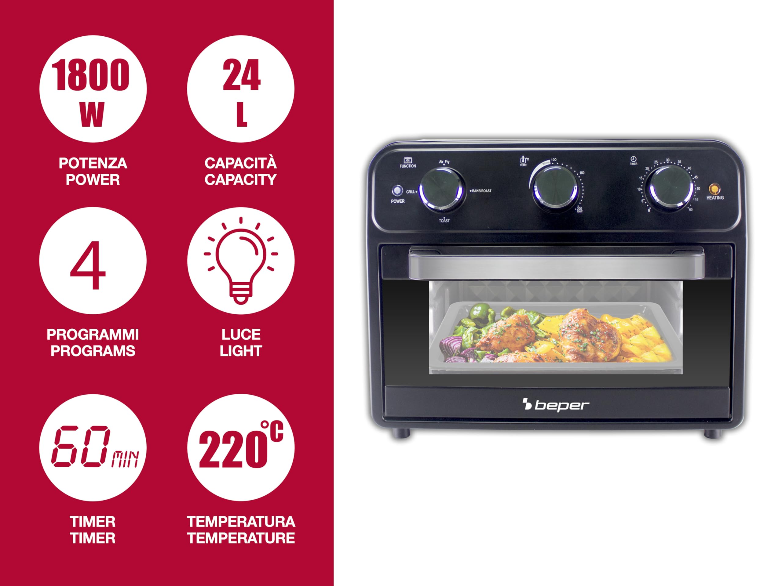 BEPER P101FRI024 Freidora de Aire Multifunción 24L, Freidora de Aire con 4 Funciones: Freír, Grill, Horno, Tostar, Temporizador de 60 min, 220°C, Accesorios Apto para Lavavajillas, Doble Cristal