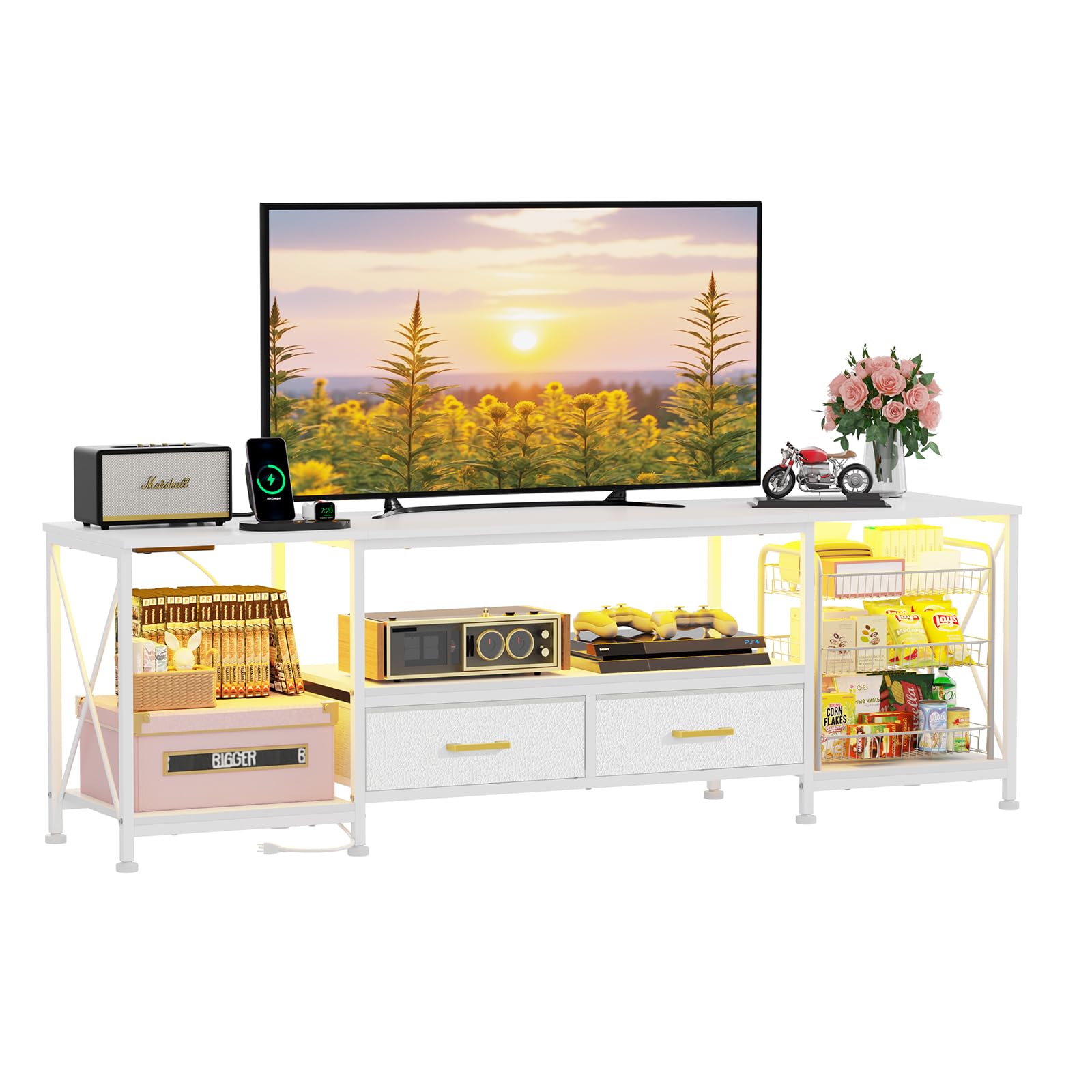 Chleby Mueble de TV para televisor de 70 Pulgadas con 4 cajones, 4 Compartimentos Abiertos, 160 cm Armario de TV con Barra de luz LED y enchufes para salón, Dormitorio (Blanco, 180 x 40 x 58 cm)
