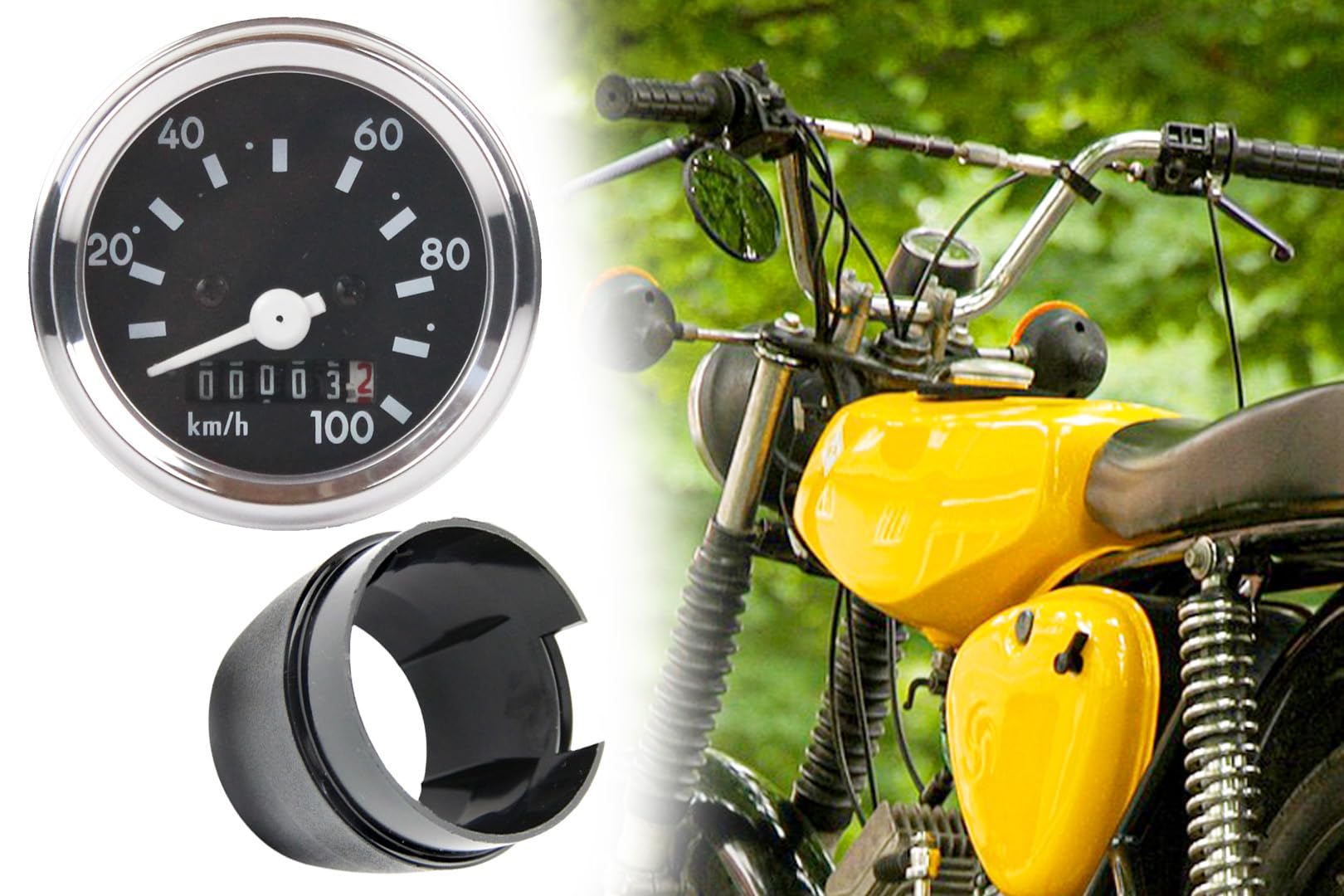 Tacho Set, Tachometer 100km/h Ø 60mm mit Chromring Blinkkontrolle + Tachohülle für Simson S50 S51 S53 S70 S83 109