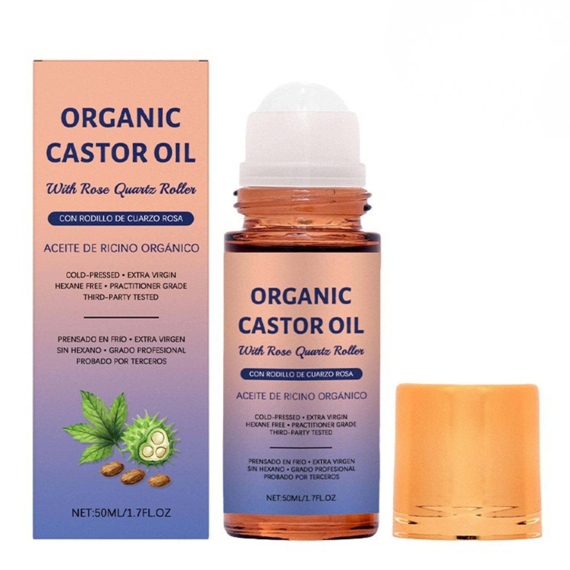RAINPOT Organic Castor Oil Roll On with Rose Quartz Roller – 100% Cold Pressed Moisturizing Oil for Brows, Lashes, Face, Hairline & Dry Skin – Travel Friendly Leakproof Roller Bottle (1)