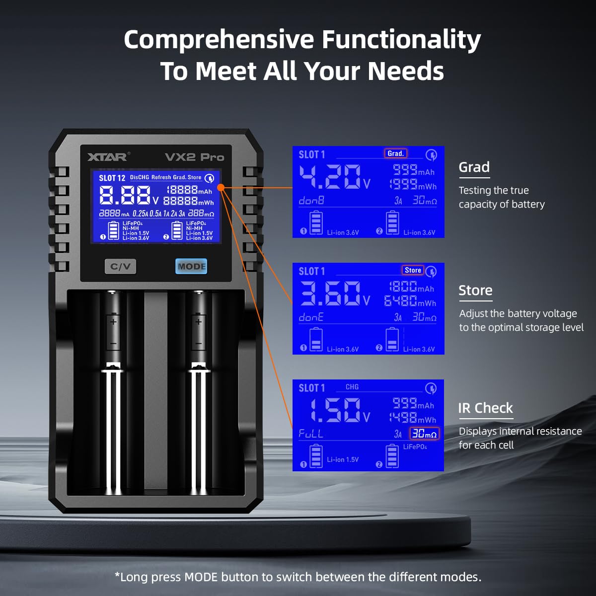 XTAR VX2 PRO 18650 Chargeur de batterie professionnel avec testeur de capacité