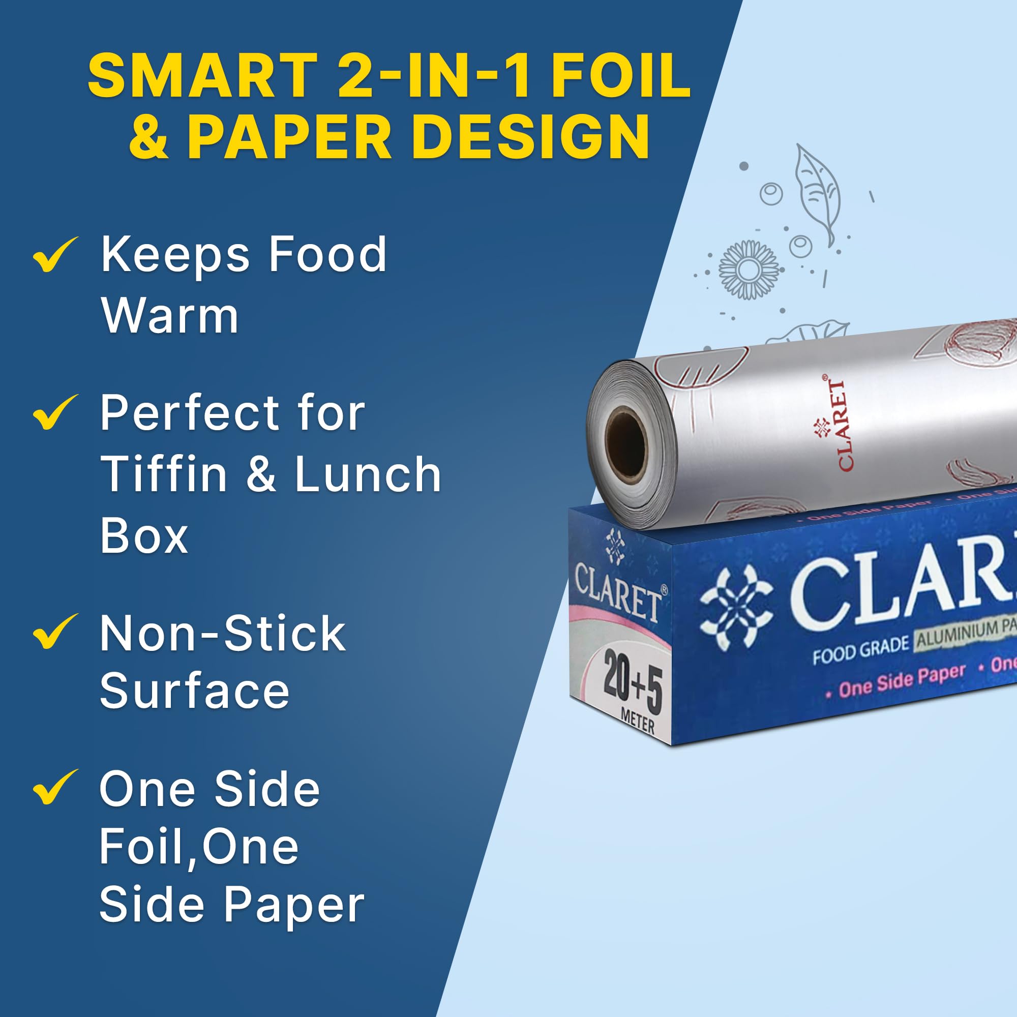 Claret 2 in 1 Aluminium Foil & Paper Roll for Food Wrapping | Wrap Roti & Fresh Kitchen Food Essential | Keep Food Warm | Non Stick | 20+5 M Length | Pack of 1 - Image 3 thumbnail
